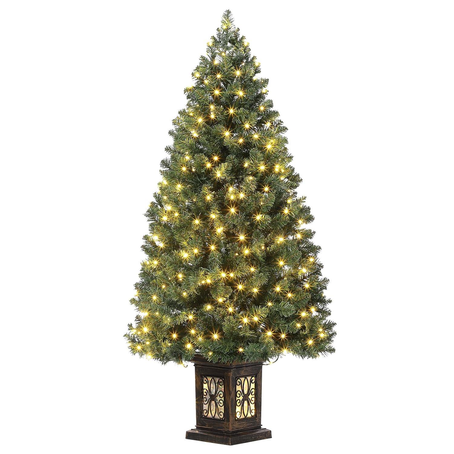 FOLDLIFE 4.5ft Artificial Fiber Optic Christmas Tree with 300 LED Lights and 8 Lighting Modes, Pre-Lit Christmas Tree with Metal Hinges and Antique Urn Base