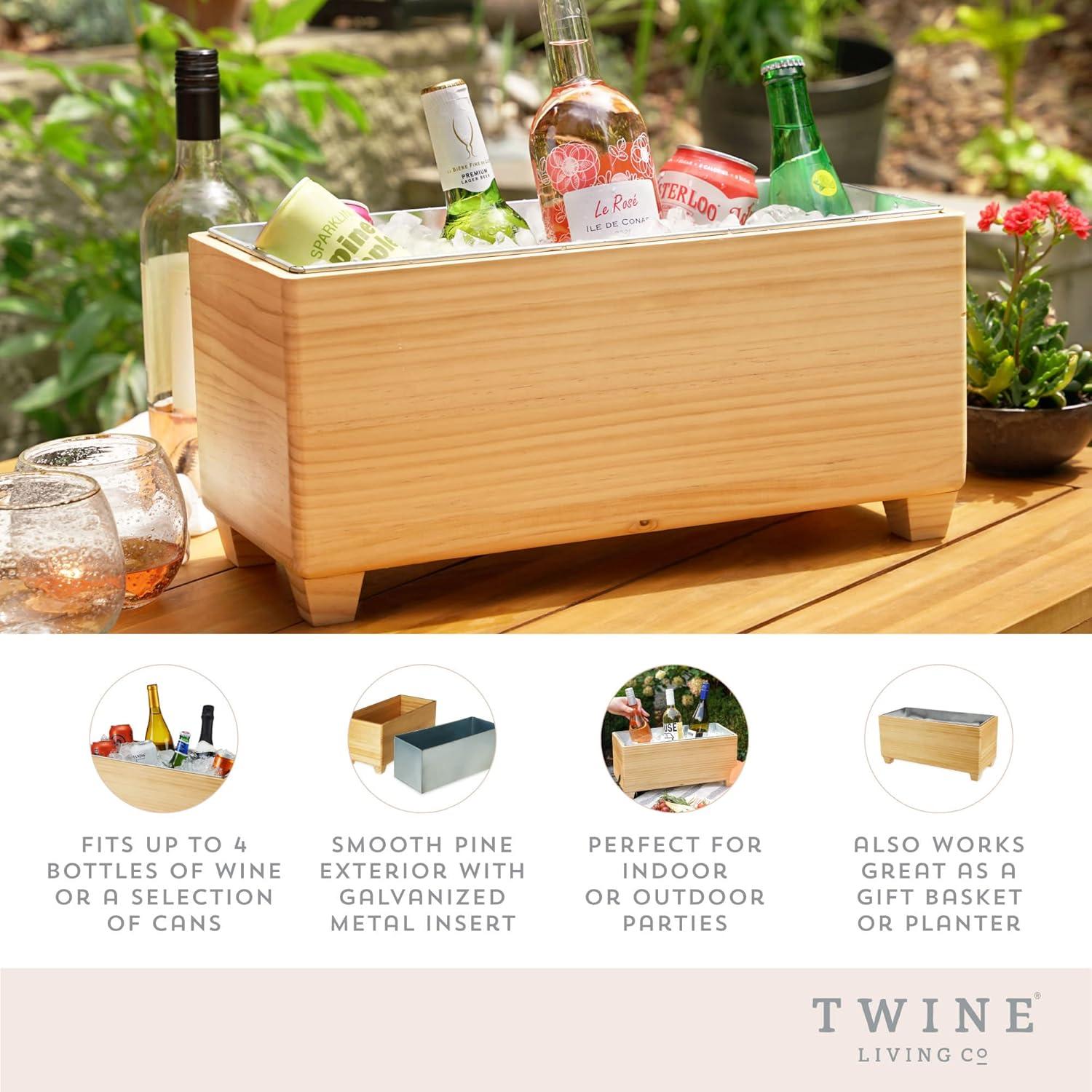 Twine Ice Bucket Wood and Galvanized Metal Tub - Wooden Wine Bucket And Beer Chiller - Holds 4 Wine Bottles or 5.4 Gallons Set of 1, Brown