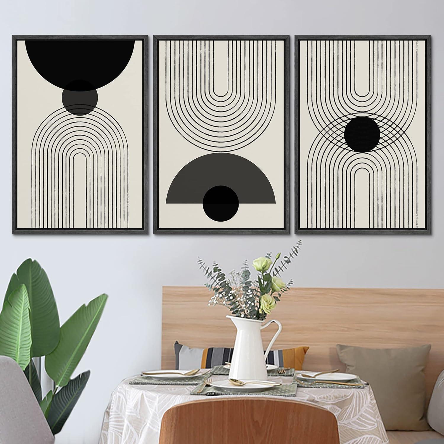 PixonSign Framed Canvas Print Wall Art Black Semi-Circle an Line Parabola Abstract Shapes Illustrations Modern Art Minimalist Edgy Black and White for Living Room - 16"x24"x3 WHITE