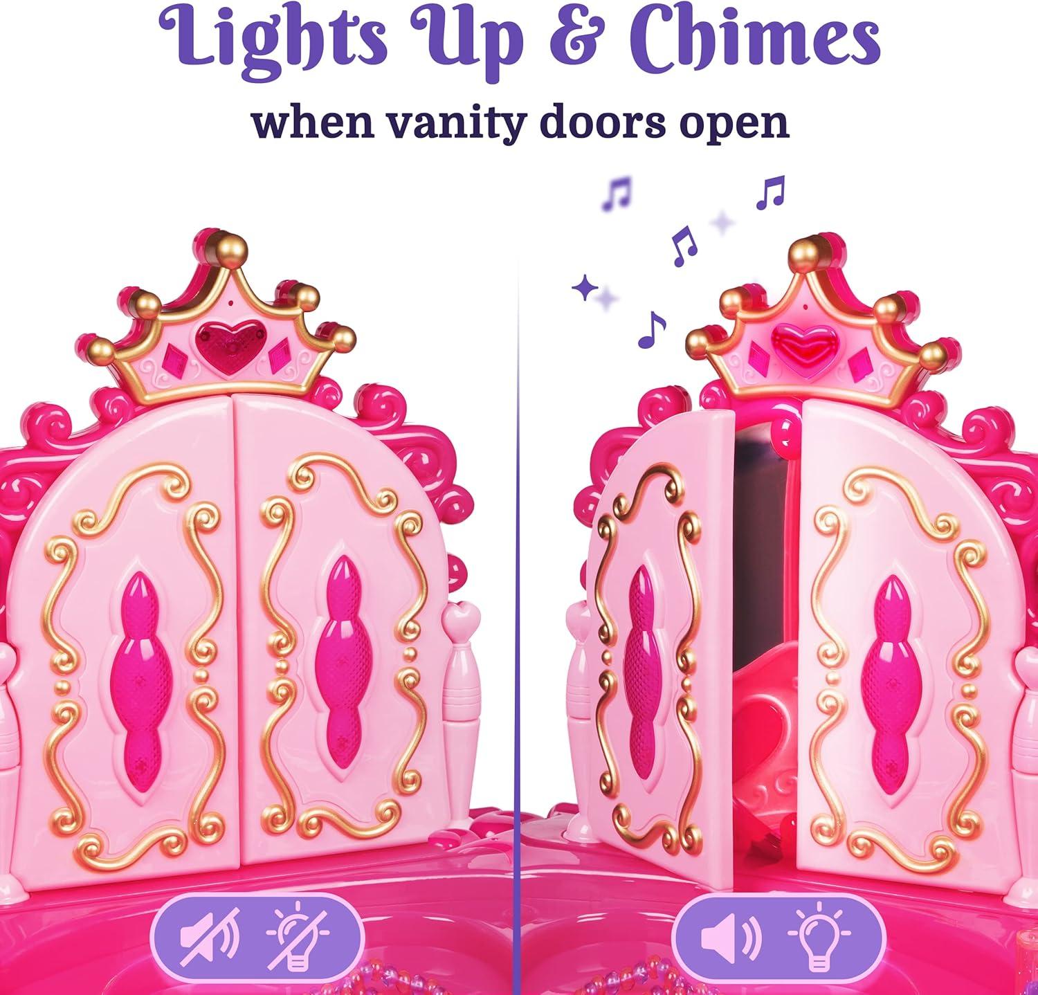 PREXTEX Kids Makeup Table with Mirror and Chair Princess Play Set, with Light and Sound Effects