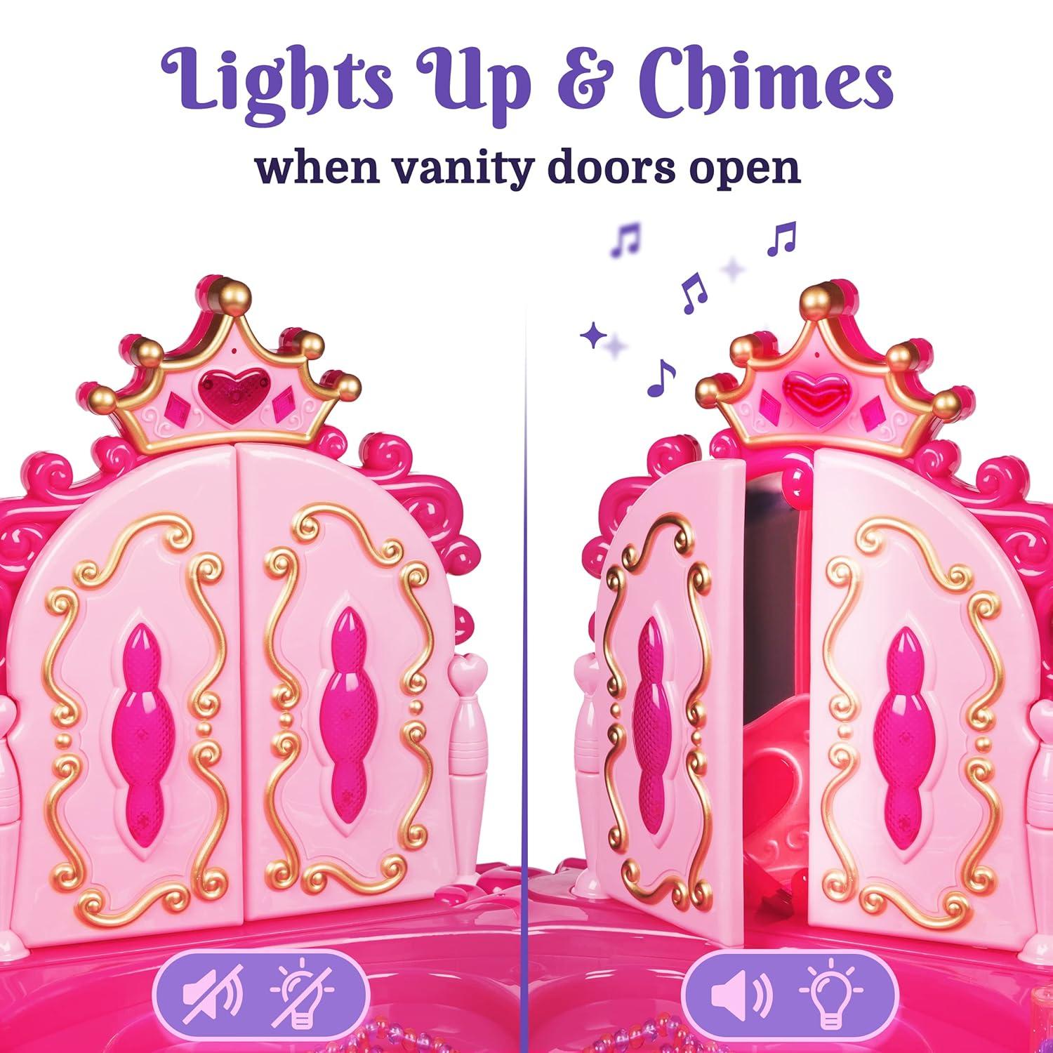 PREXTEX Kids Makeup Table with Mirror and Chair Princess Play Set, with Light and Sound Effects