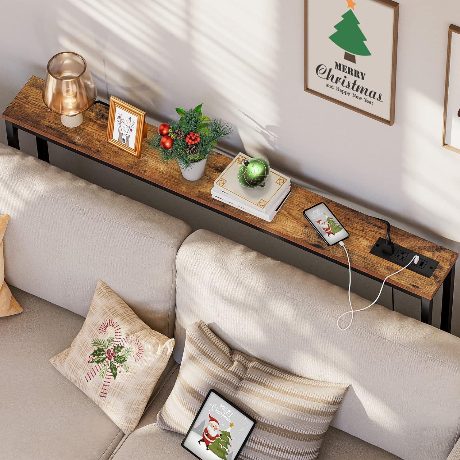 47.2" Skinny Console Table with Power Outlets and USB Ports, Table with Charging Station, Narrow Sofa Table, Behind Couch Table, for Entryway, Hallway, Foyer, Rustic Brown BF15XG01G1