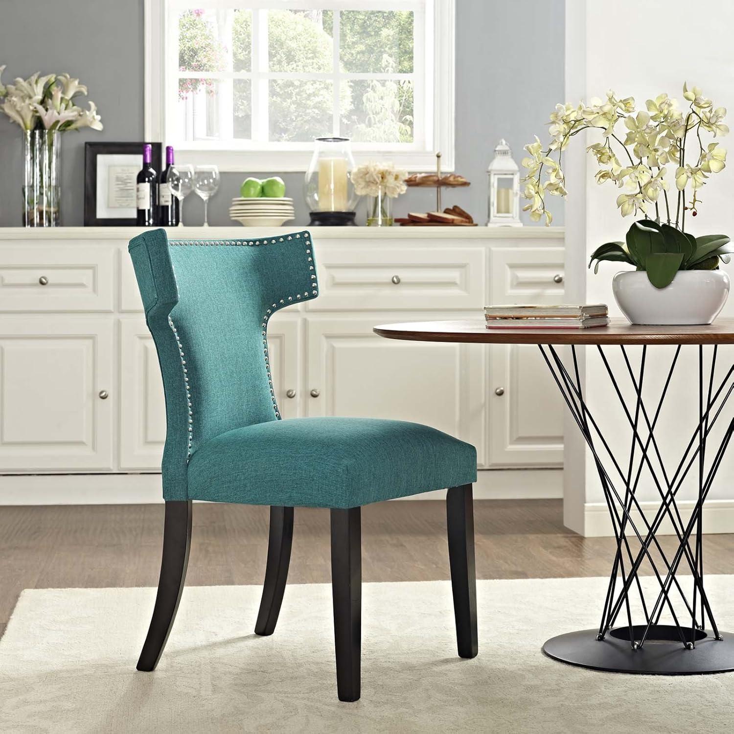 Modway Curve 19" Modern Solid Wood and Fabric Dining Chair in Teal Blue