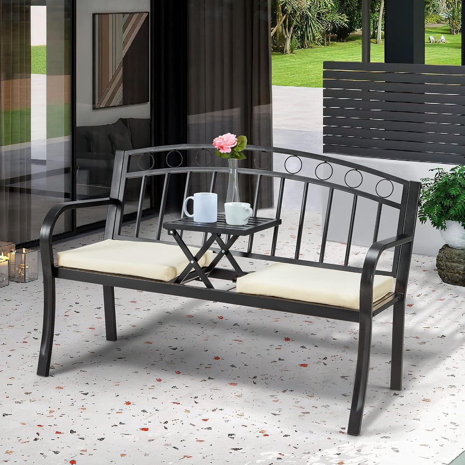 Black Metal 2-Seat Outdoor Bench with Pullout Table and Cushions