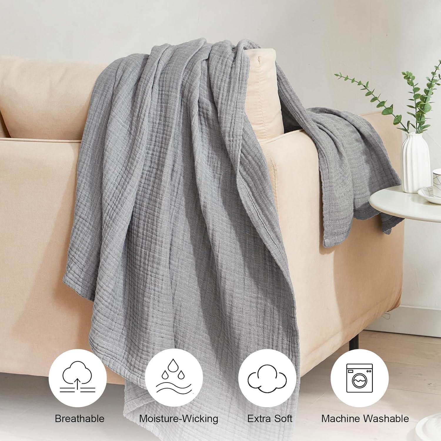 PHF 100% Cotton Muslin Blanket King Size 108" x 90", 4-Layer Lightweight and Breathable Blanket for Summer, Luxuriously Soft Gauze Bedding for Bed, Natural Minimalism Style, Ideal, Gift Grey