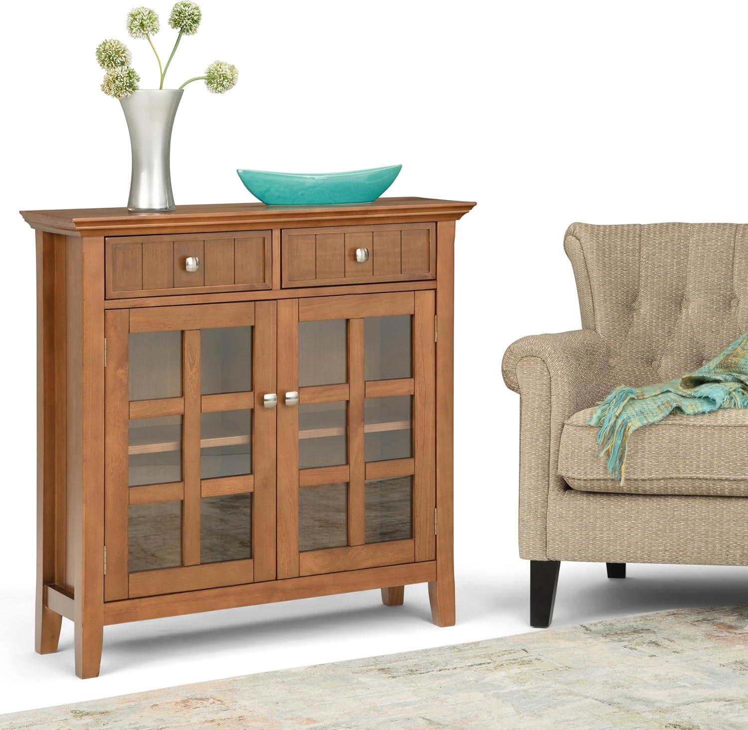 Simpli Home Acadian 36"W Solid Wood 2-Shelf Entryway Storage Cabinet with Glass Doors and 2 Drawers