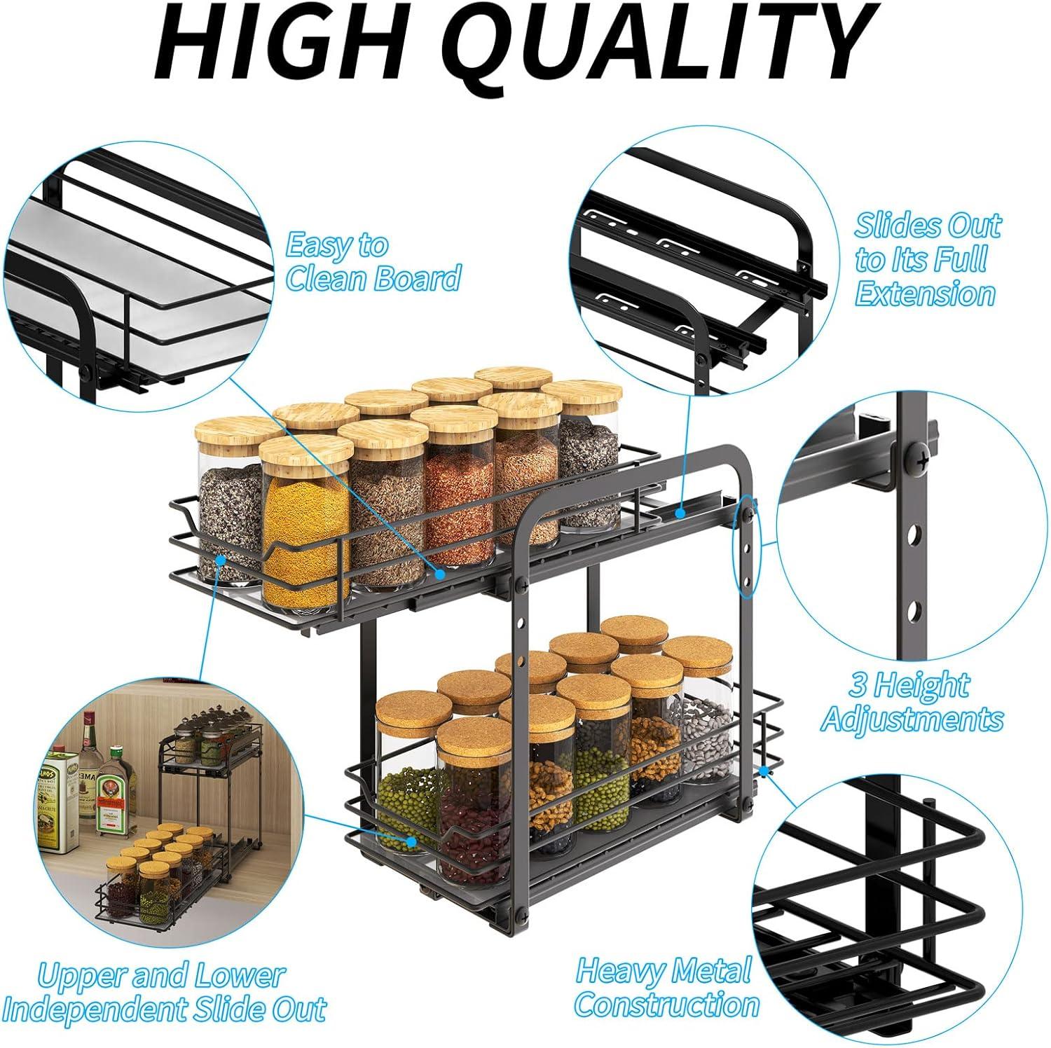 Black Metal 2-Tier Pull Out Spice Rack Organizer