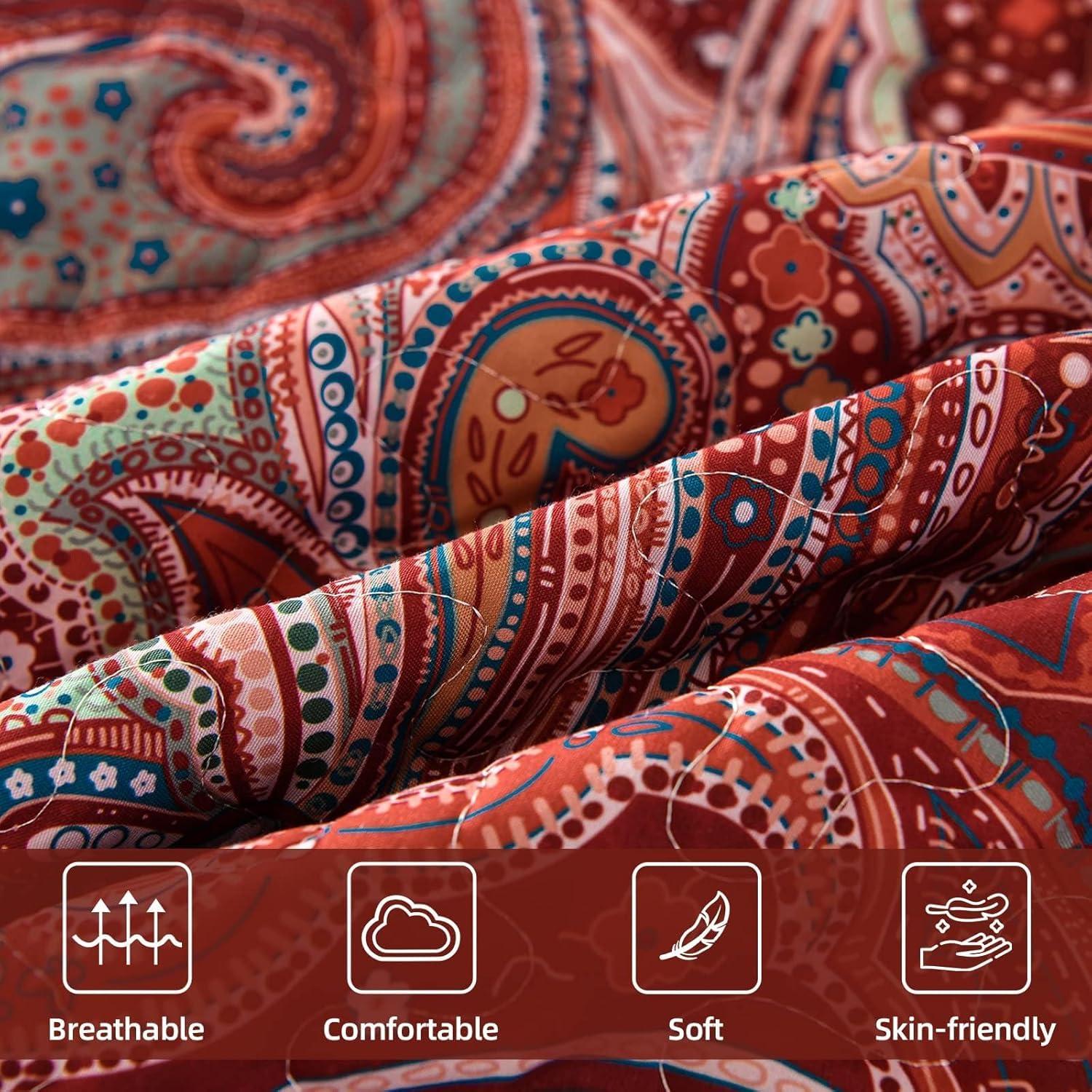 DJY Red Paisley Quilt Set Queen Size Boho Quilt Bedspread Set 3 Pieces, Soft Lightweight Microfiber Coverlet Set Burgundy Paisley Floral Pattern Bedding for All Season, 96''x90''