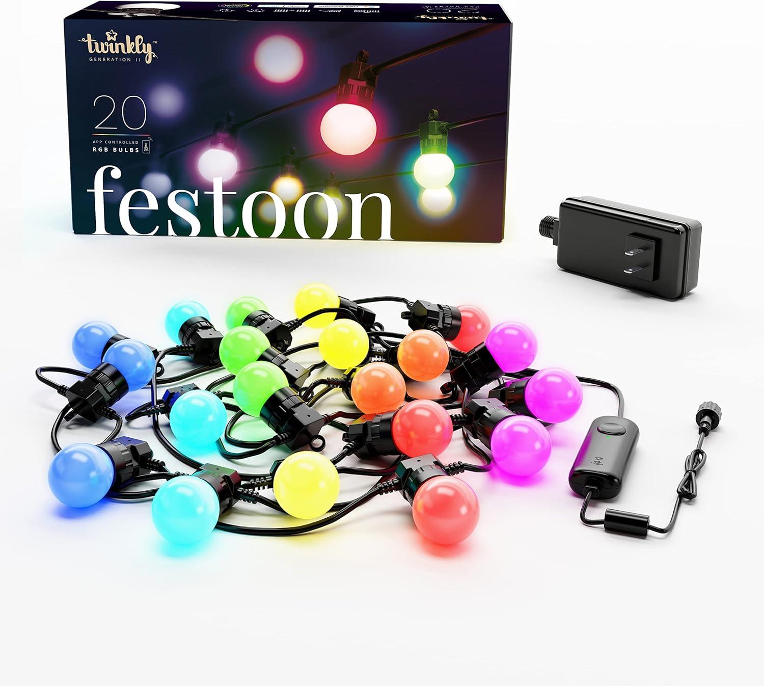 Twinkly Festoon App-Controlled Smart LED 20 Multicolor RGB Bulb Light String