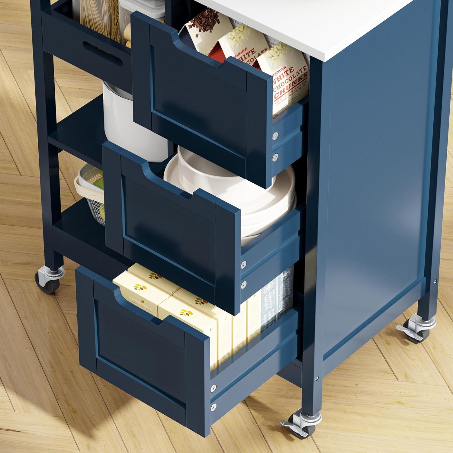 Navy Blue Solid Wood Kitchen Cart with Storage and Wheels