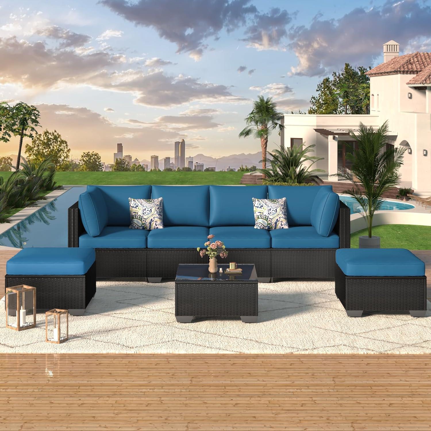 Black Steel Frame 7-Piece Outdoor Sectional Sofa Set with Blue Cushions