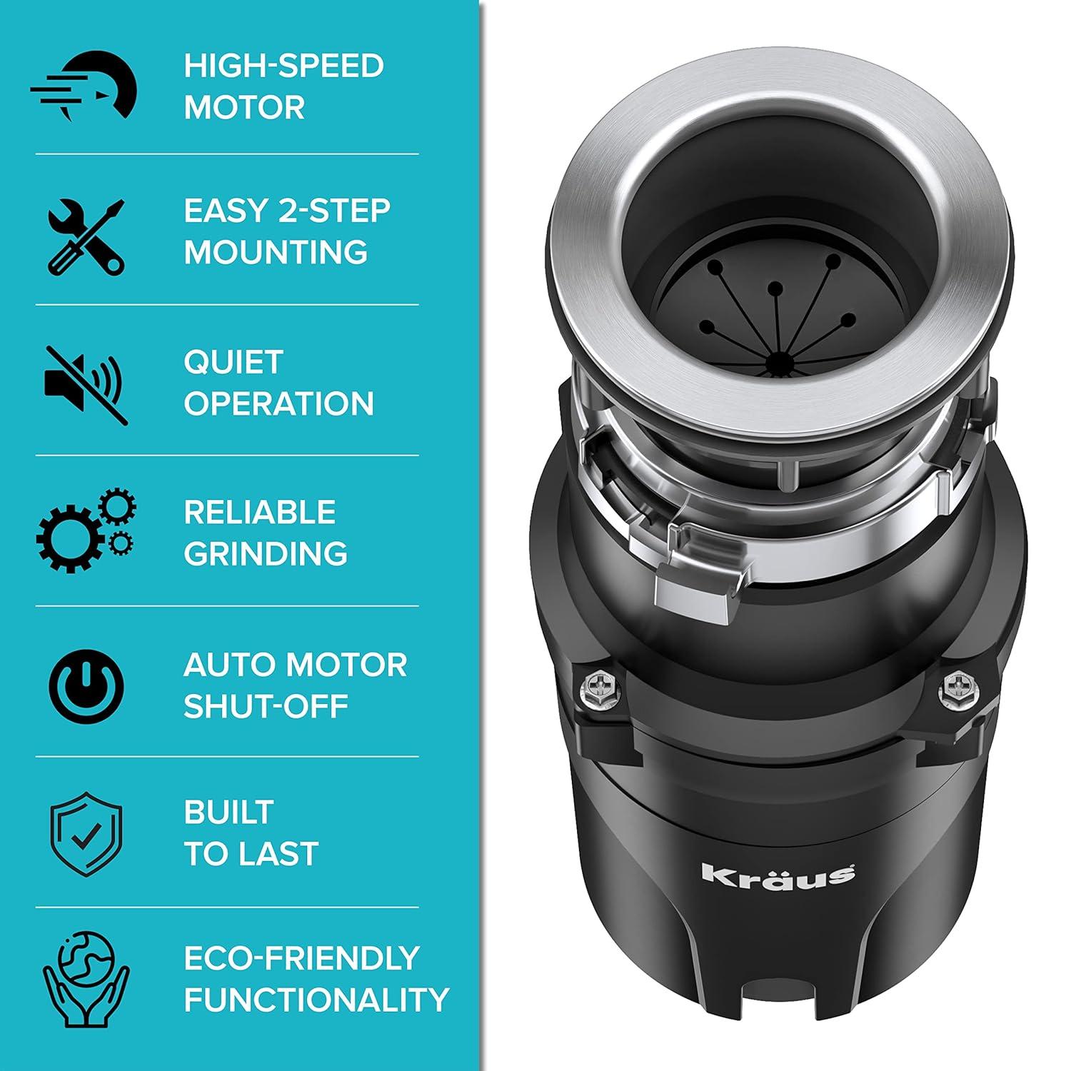 Kraus 1/3 HP WasteGuard High-Speed Ultra-Quiet Motor Garbage Disposal with Quick Connect Mount