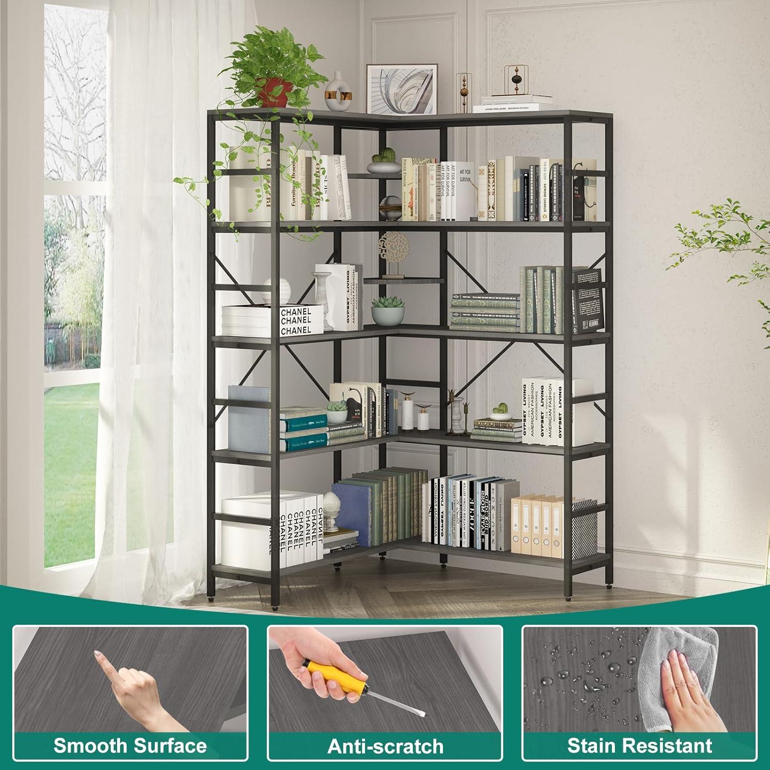 L-Shaped Corner Bookshelf, 5-Tier Industrial Bookcase with Heavy-Duty Metal Frame, Tall Storage Display Shelf for Bedroom, Living Room, and Home Office