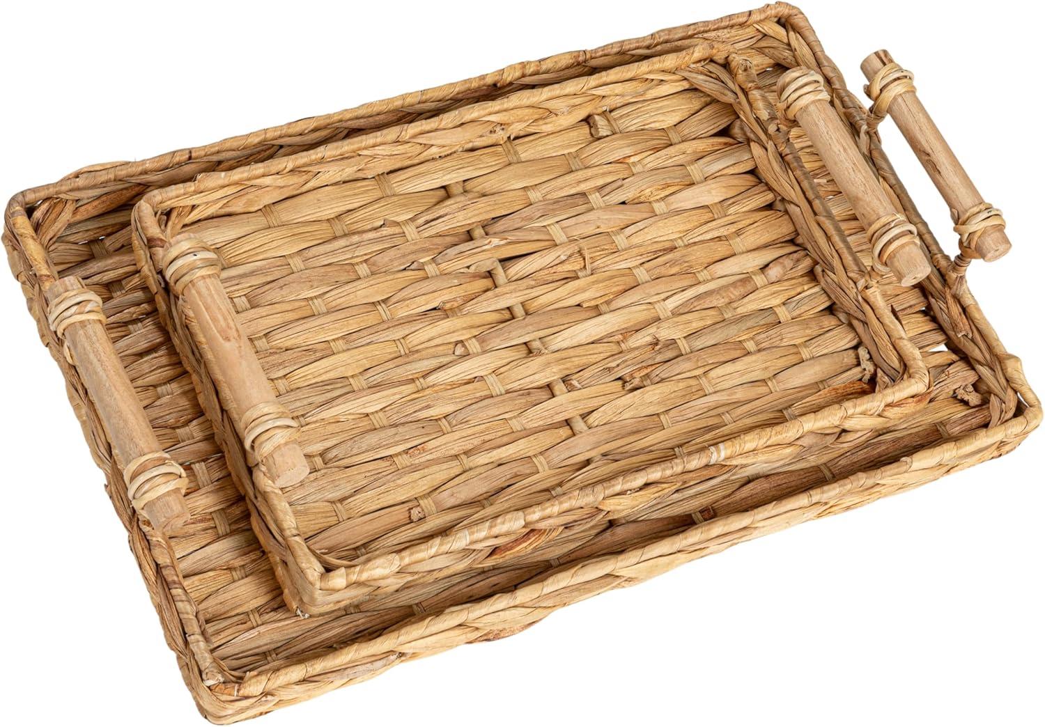 Household Essentials Handwoven Water Hyacinth Rectangular Tray Set with Wood Handles Natural Set of 2