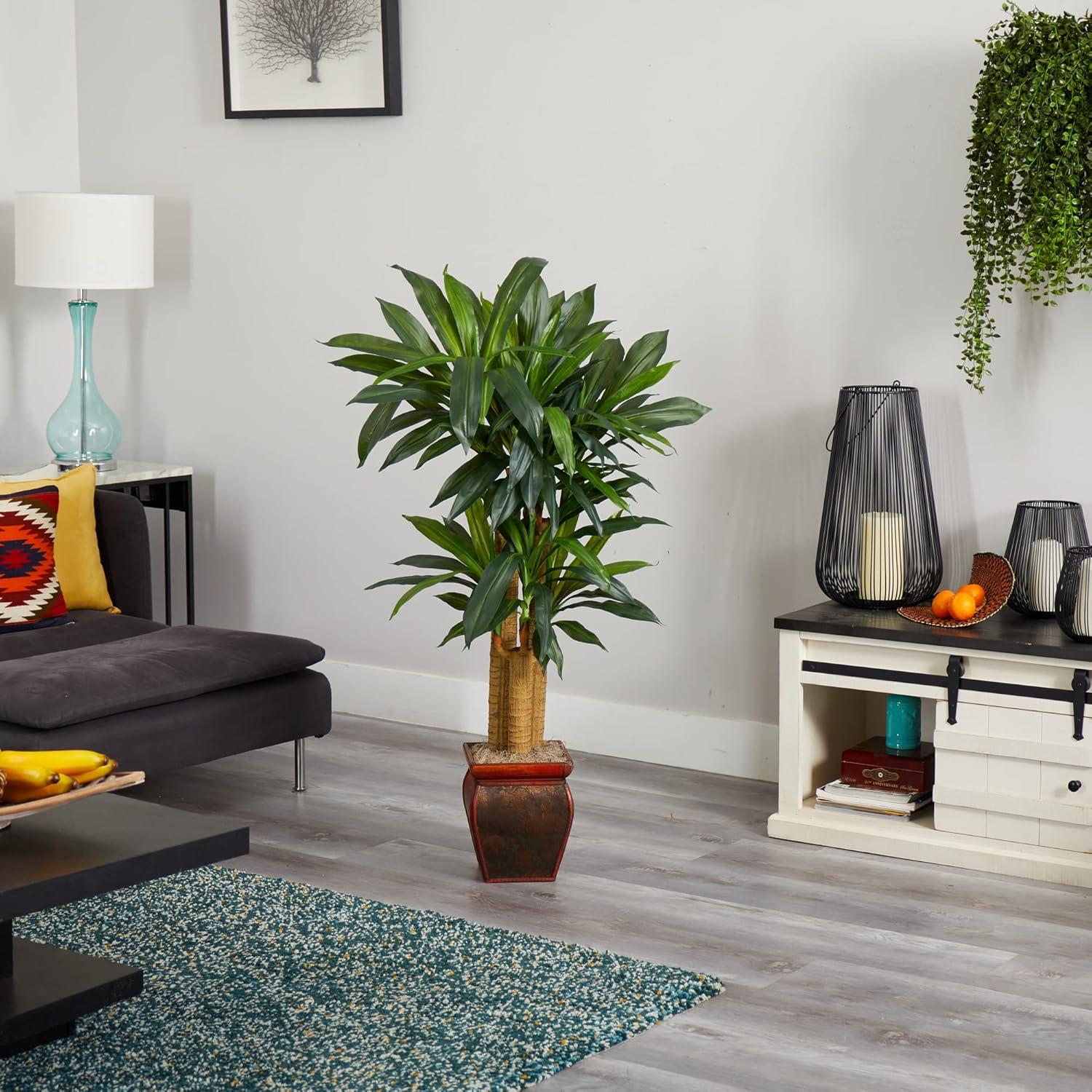 Nearly Natural 4.5' Cornstalk Dracaena Silk Plant with Vase (Real Touch): Faux Floor Plant, Indoor Decorative Polyester