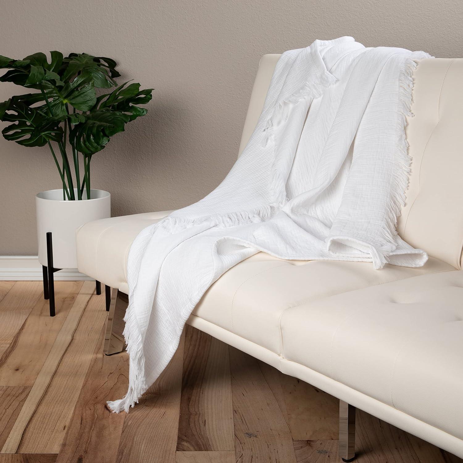 Sticky Toffee Muslin Throw Blanket for Adults, 100% Cotton, 60x50 in, Soft Lightweight and Breathable Throw for Couch, White