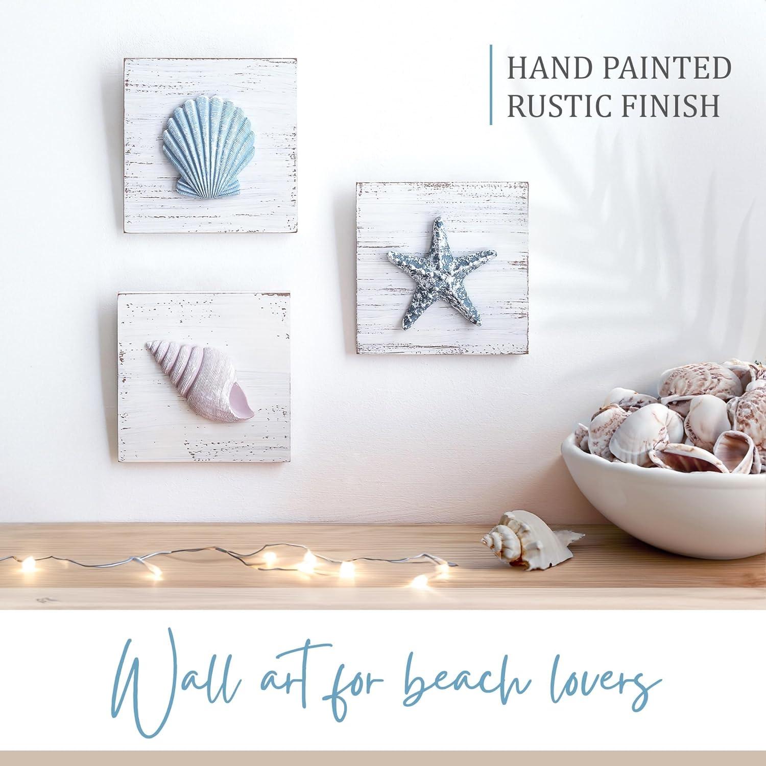 Rustic Whitewashed 3D Seashell and Starfish Wall Art Set