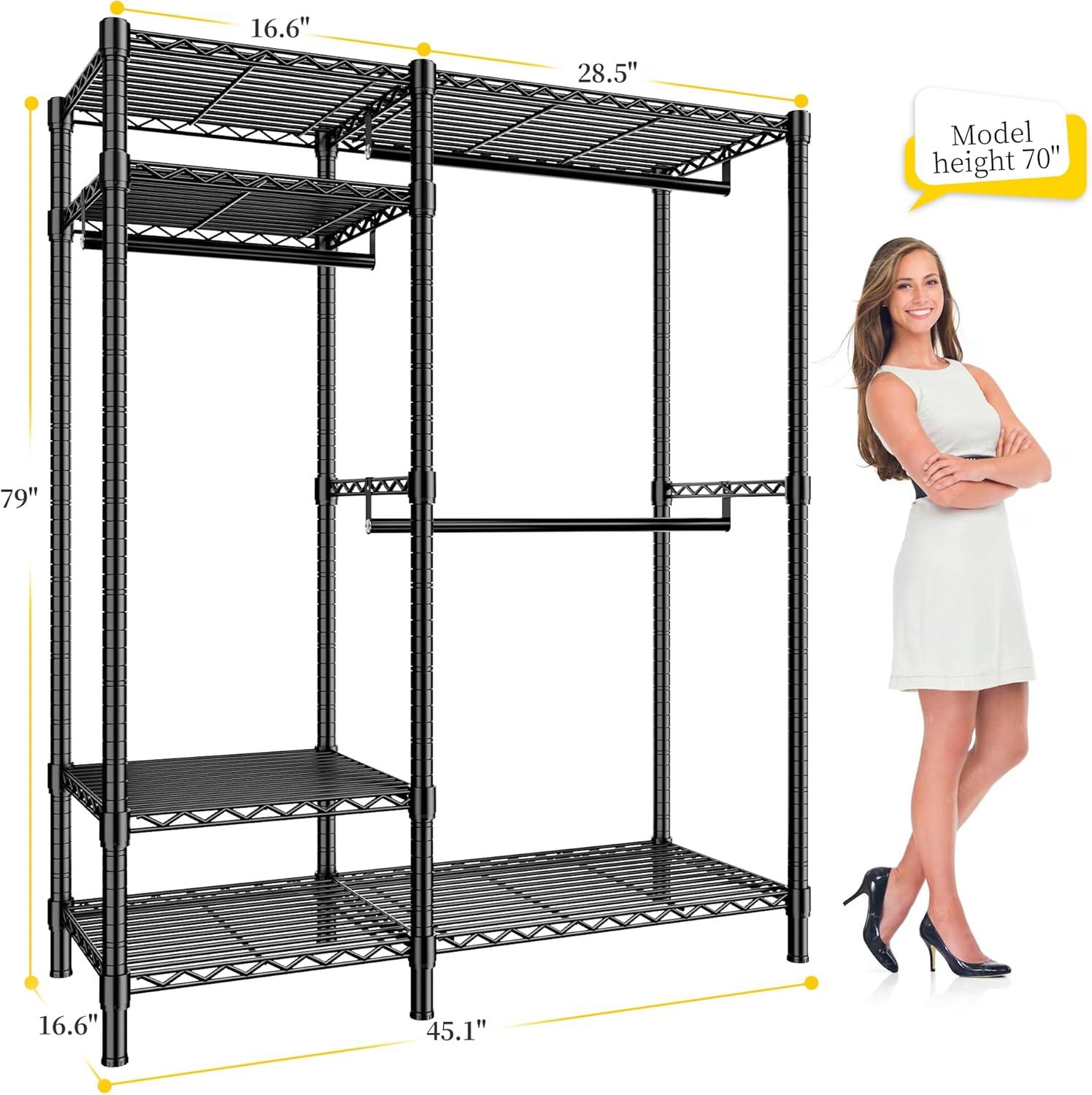 Clothes Rack Heavy Duty Clothing Rack Load 775LBS Clothing Racks for Hanging Clothes Adjustable Closet Rack Metal Wadrobe Closet Wire Garment Rack Clothes Rack 45.5" W x 77" H x 16.5" D Black