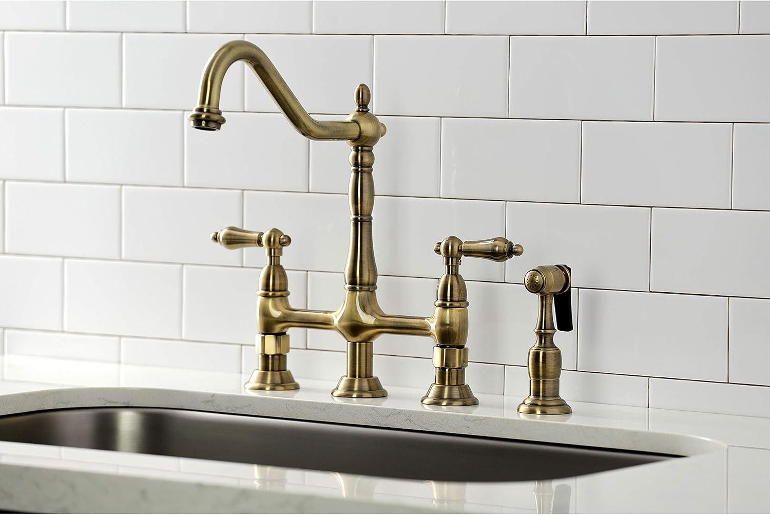 Kingston Brass KS1273ALBS Heritage 8-Inch Kitchen Bridge Faucet with Brass Sprayer, Antique Brass