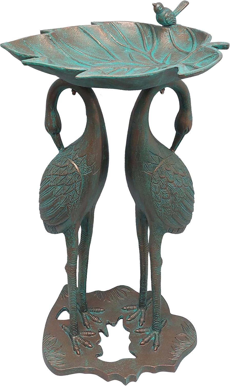 Copper Patina Cast Aluminum Twin Crane Bird Bath with Leaf Bowl