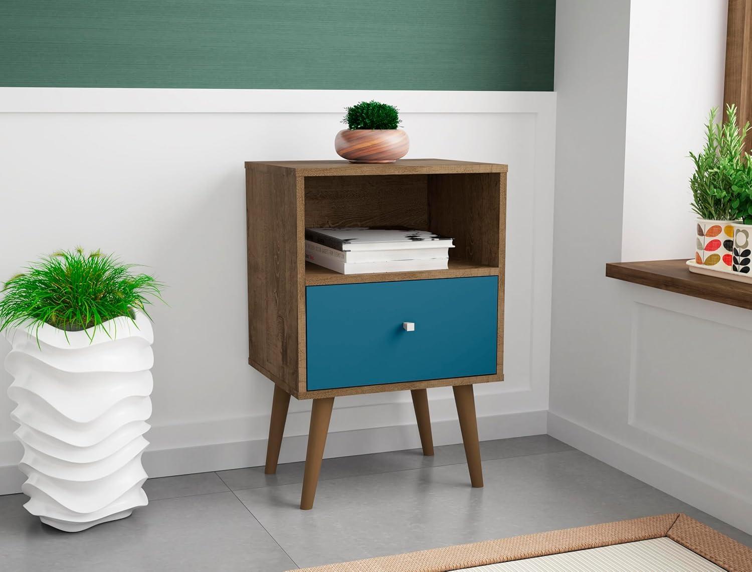 Liberty 1.0 Mid Century Modern Nightstand Rustic Brown/Aqua Blue - Manhattan Comfort