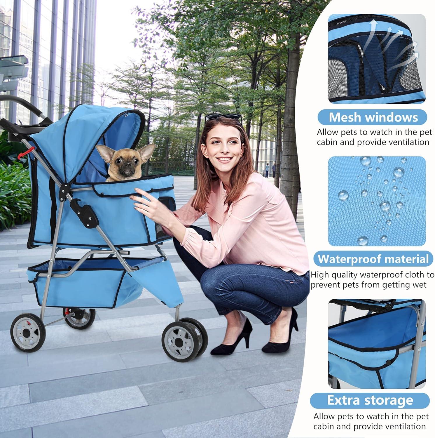 ToccoLeggero Pet Stroller Foldable Dog Stroller 3-Wheel Durable Cat Jogger Stroller For Small And Medium Dogs Cats With Washable Liner Storage Basket Cup Holder