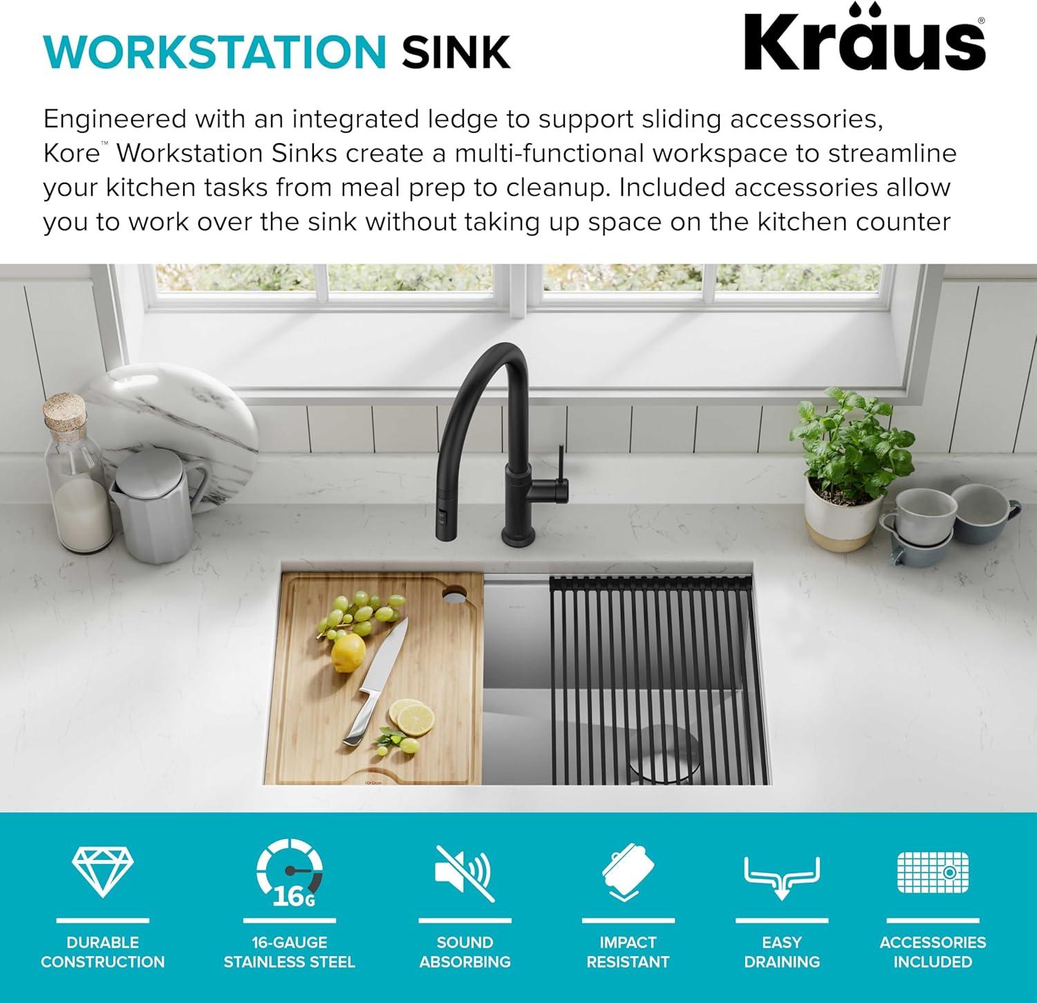 KRAUS Kore™ Workstation 30-inch L Undermount 16 Gauge Single Bowl Stainless Steel Kitchen Sink with Accessories