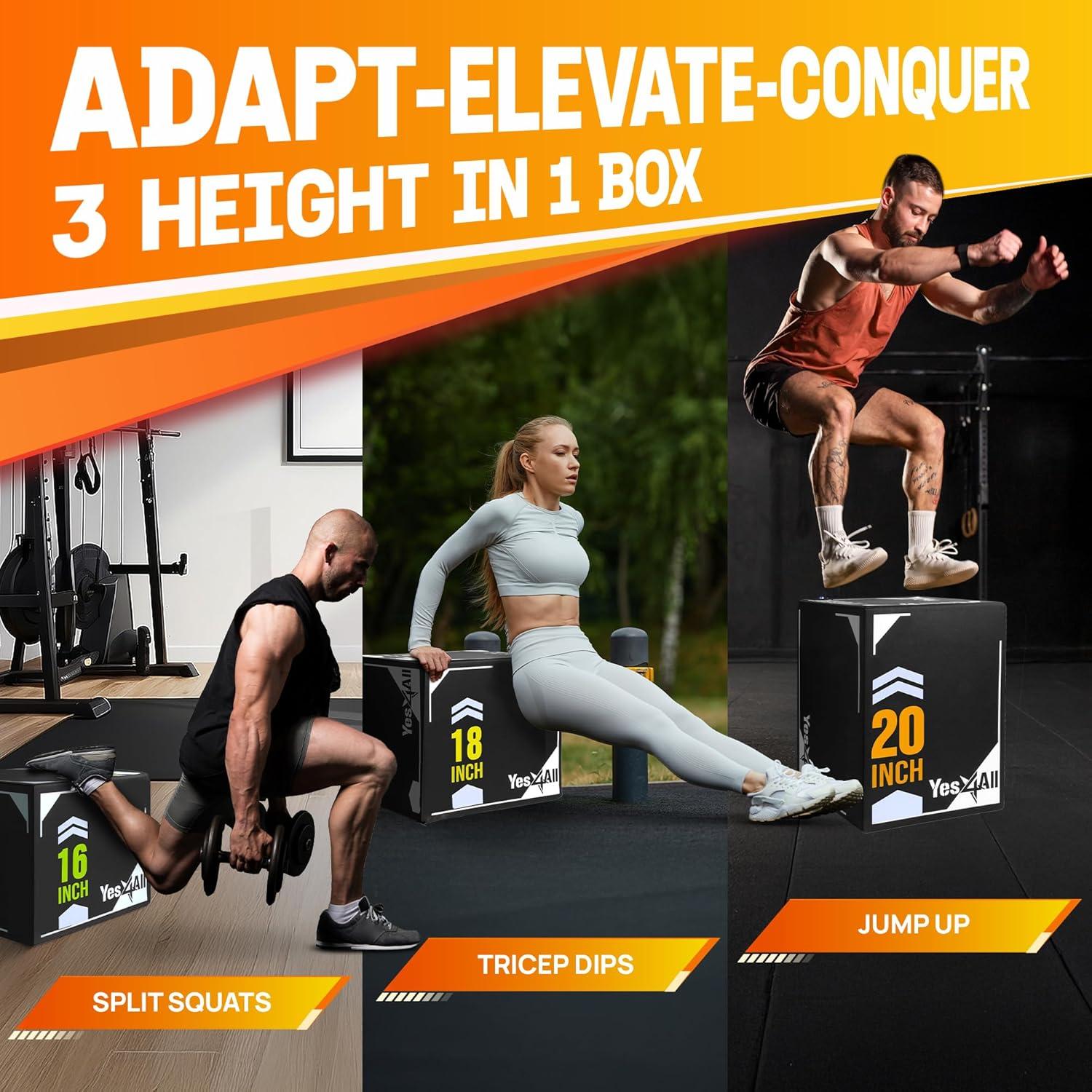 Yes4All 3-in-1 20"x18"x16" Soft Plyo Box Wooden Core, Foam for Jumping Exercise, Crossfit, Black