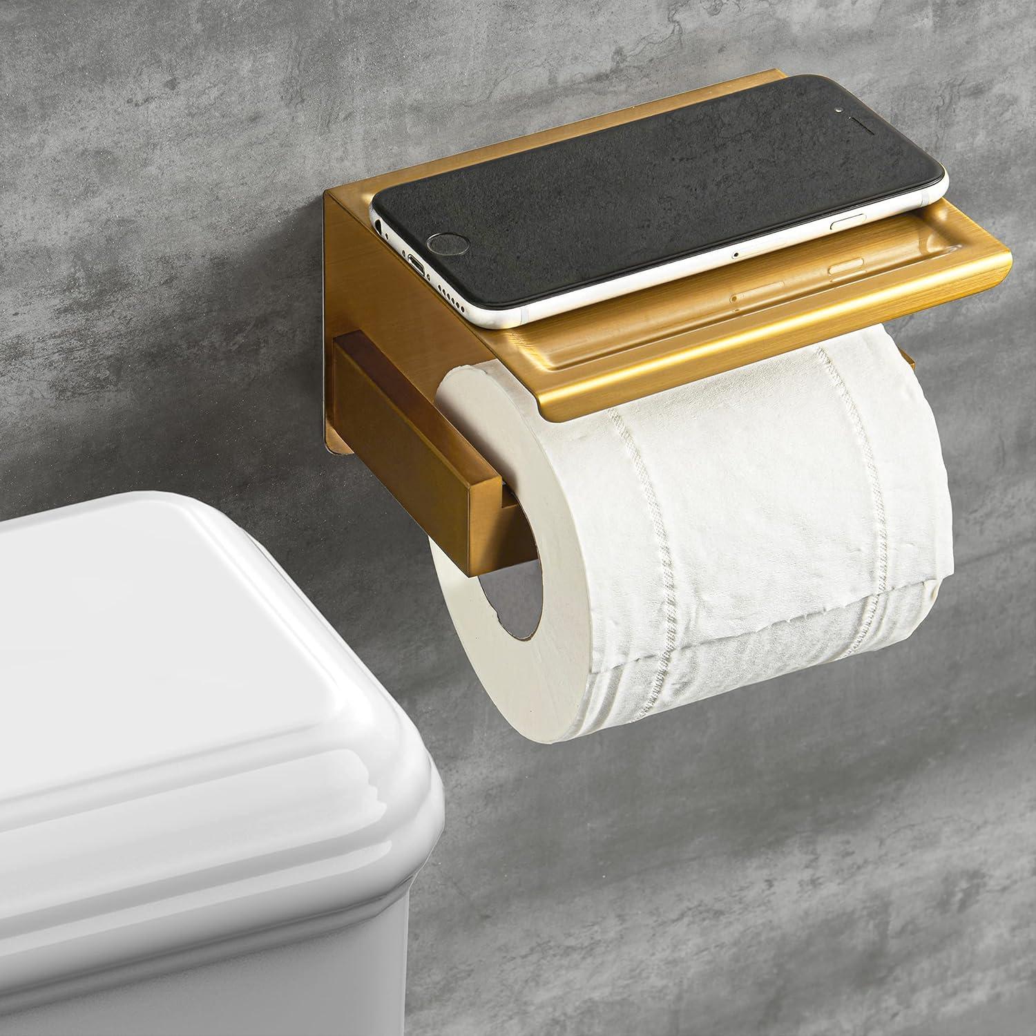 Gold Toilet Paper Holder, Stick on Brushed Brass Toilet Paper Holder with Shelf, Self Adhesive No Drill or Wall-Mount with Screws for Bathroom