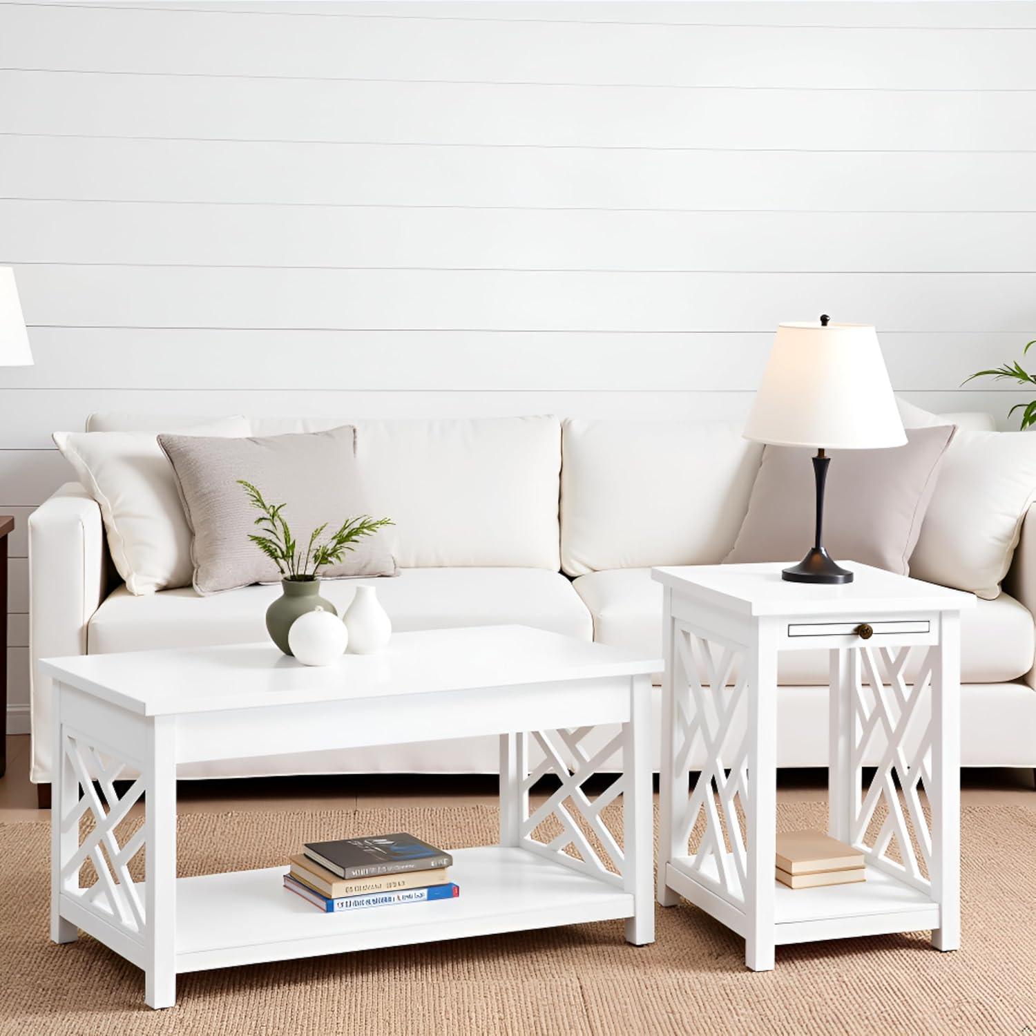 36" Middlebury Coffee Table and End Table with Tray White - Alaterre Furniture: Pull-Out Tray, 2-Piece Set