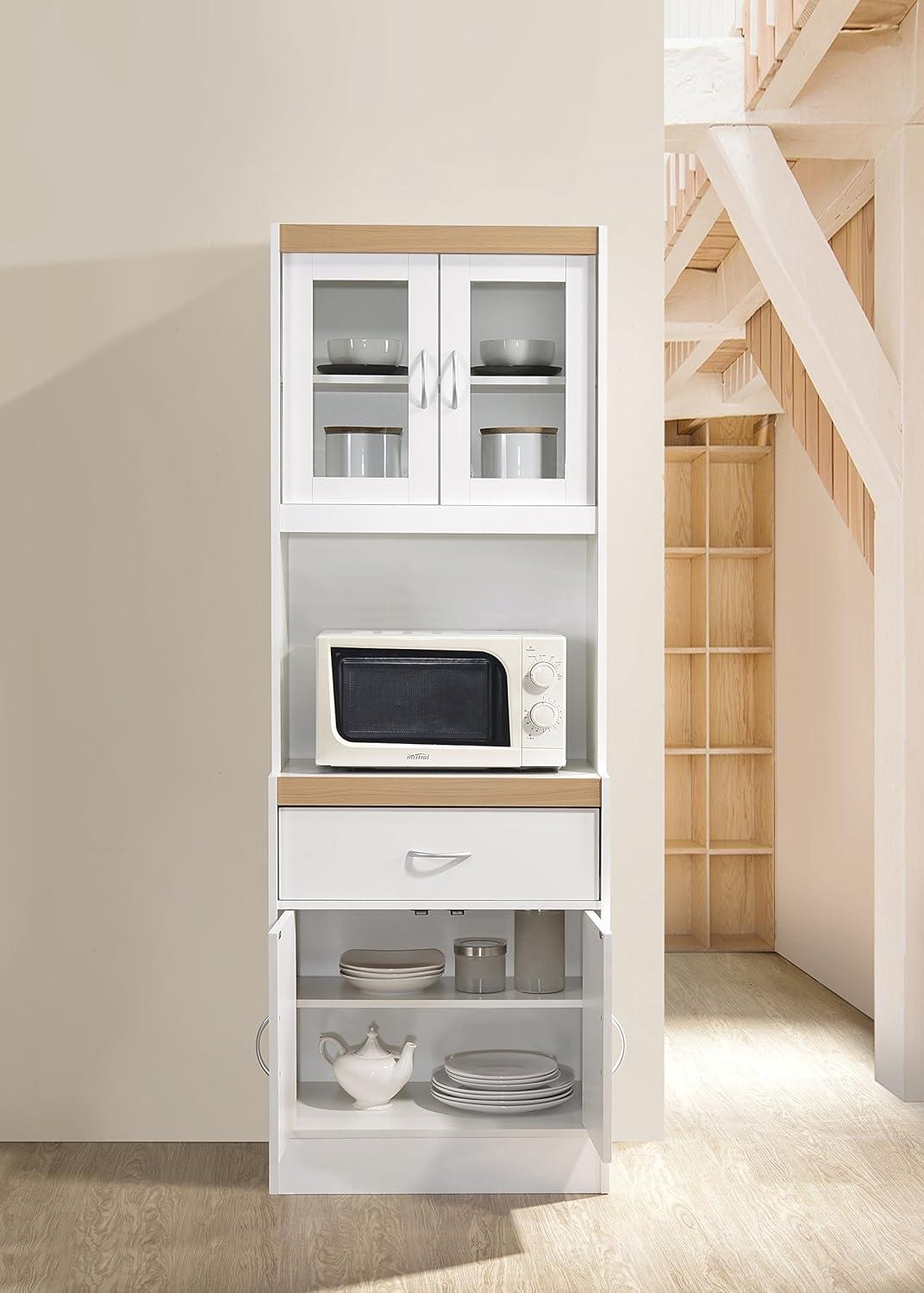 White Freestanding Kitchen Storage Cabinet with Microwave Space