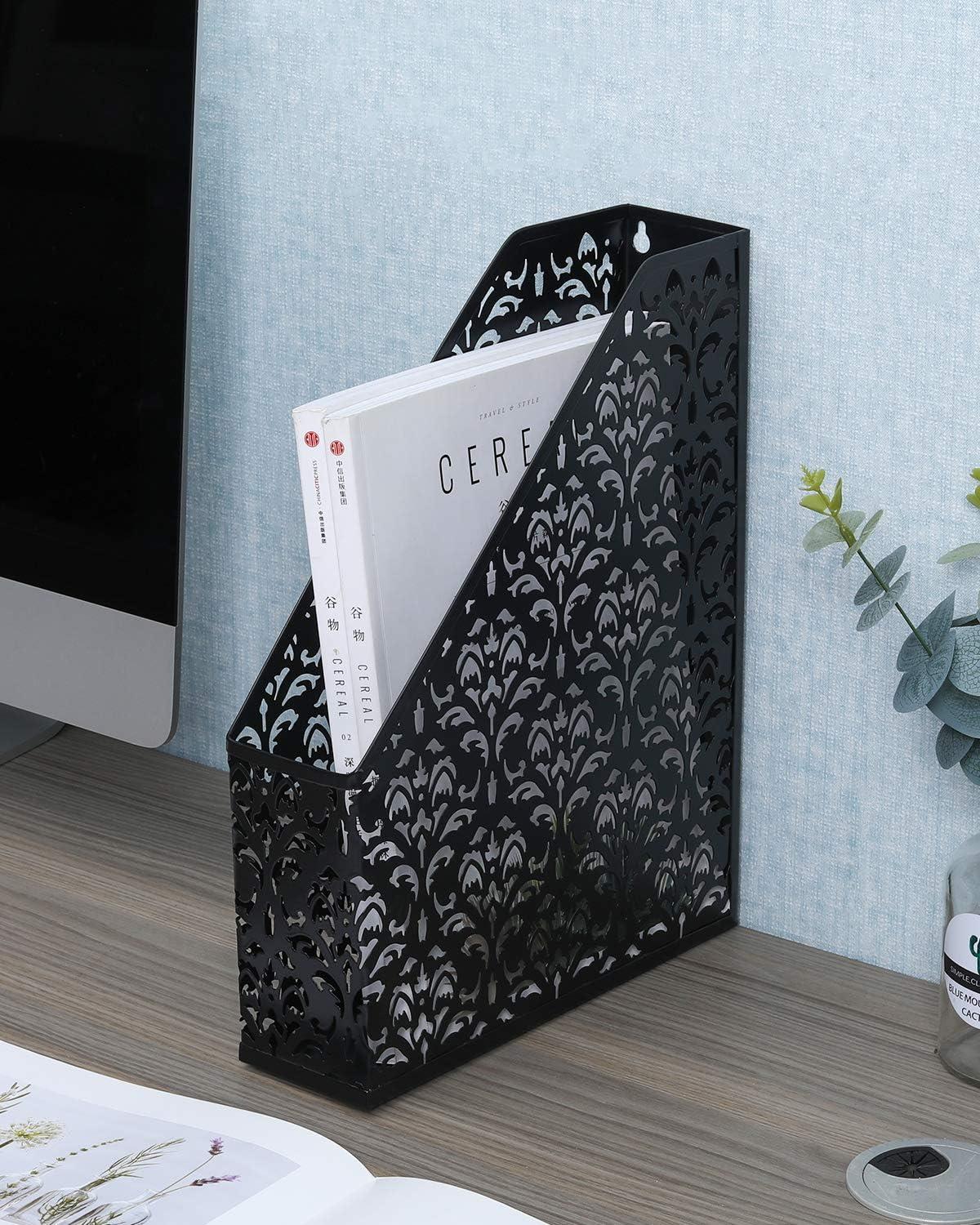EasyAPG Heavy Duty Metal Magazine File Holder - Carved Hollow Flower Pattern Design, No Assembly Desk Organizer for Legal Size Files, Home Office Storage Rack, Black