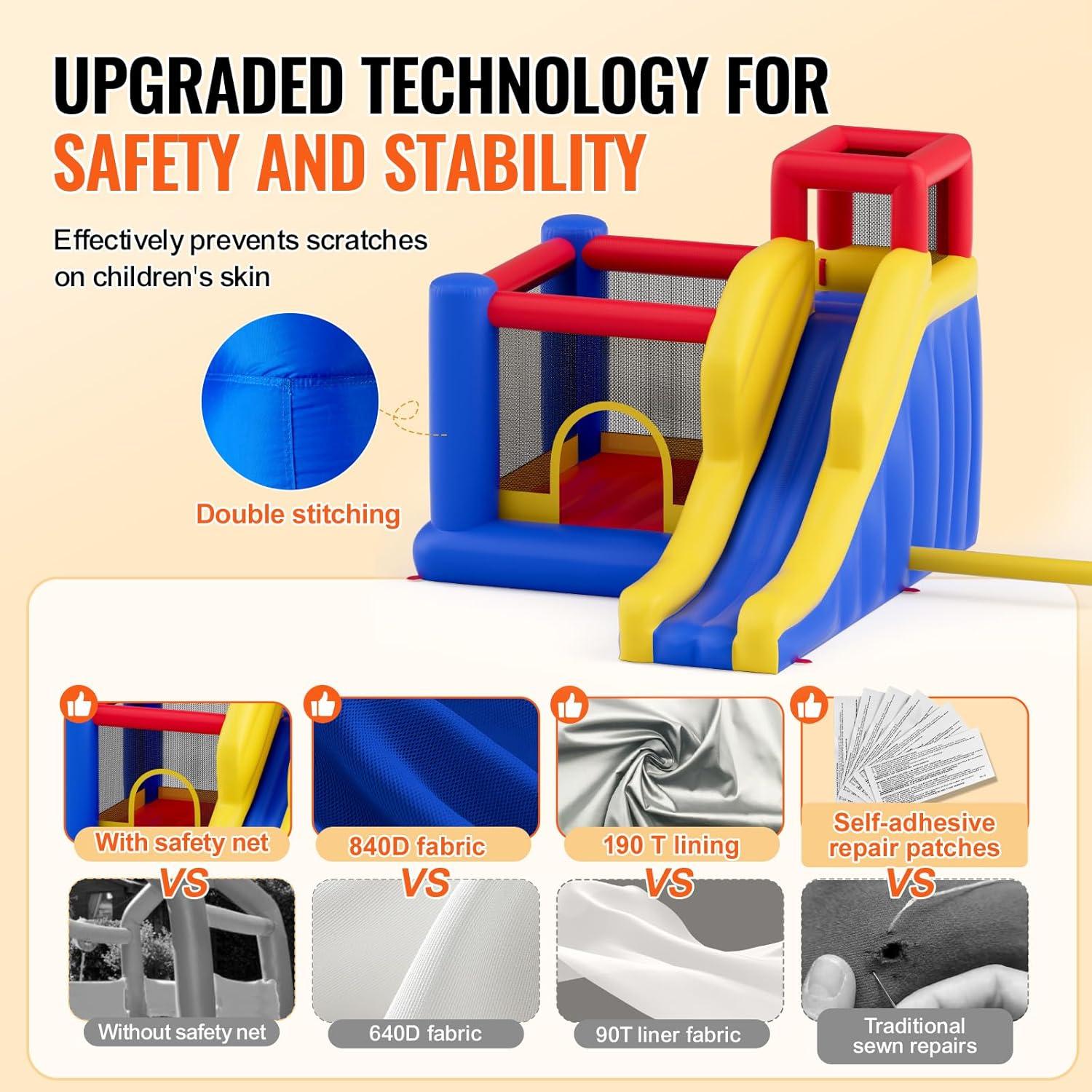 VEVOR Play House for Kids Ages 4-8, Kids Indoor Playground, Bounce House with Slide, Blower and Storage Bag, Family Backyard Birthday Party Gifts for Boys, 134x102x91 inch