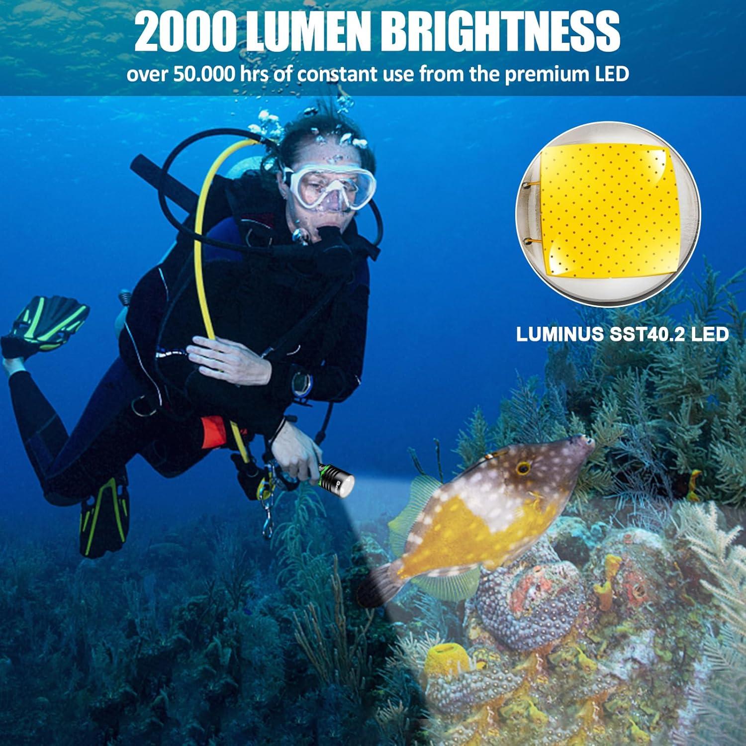 Genwiss Dive Light 2000 Lumen, 150M Waterproof Flashlight, Underwater Flashlight with Type-C Charging, Professional Diving Flashlight for Scuba Diving