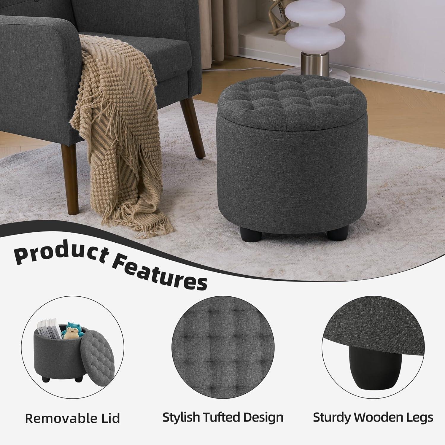 Furniliving Modern Upholstered Round Storage Ottoman Linen Footrest Stool Ottoman Bench, DarkGray