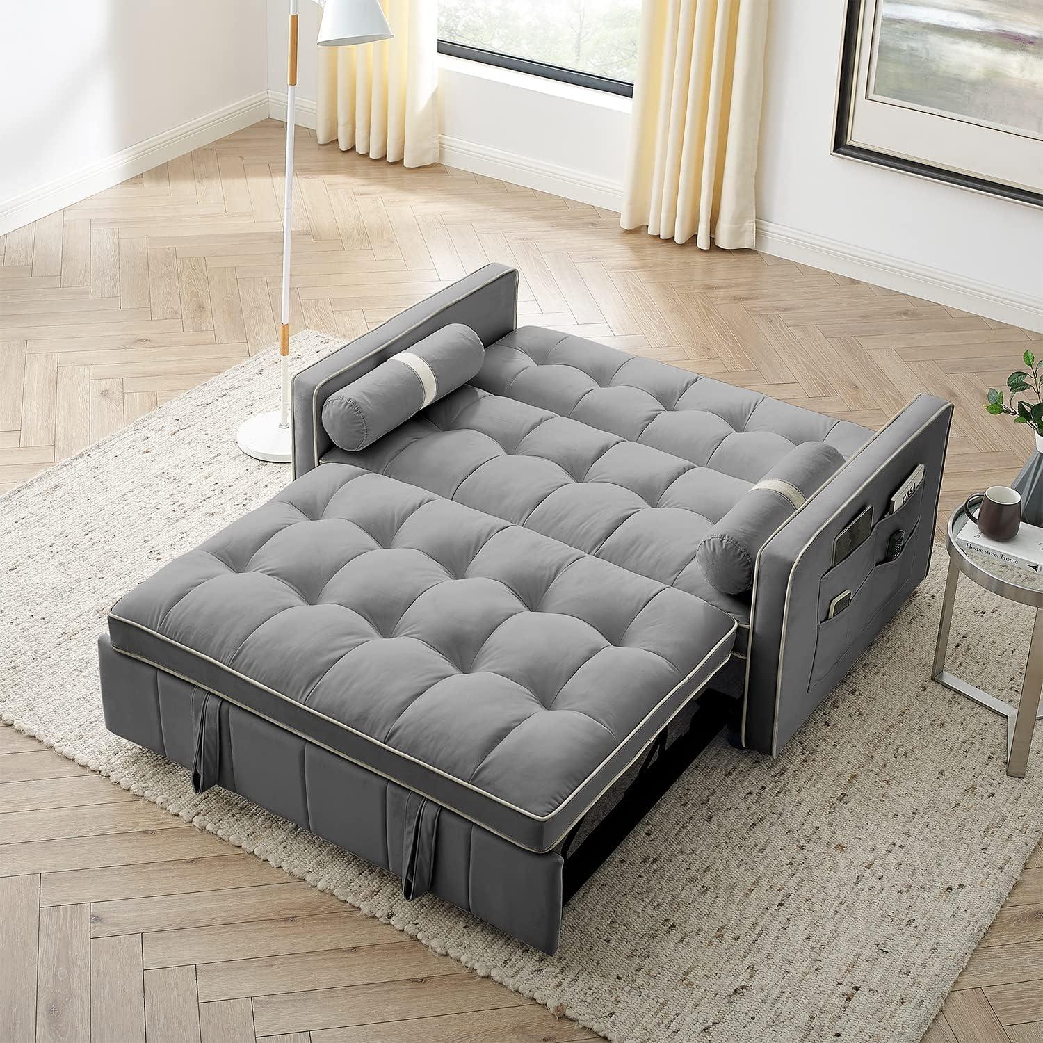 Yeahumalia 3 in 1 Convertible Velvet Loveseat Sleeper Futon Sofa Bed, Pull Out Couch with Side Table for Living Room, Bedroom, Grey