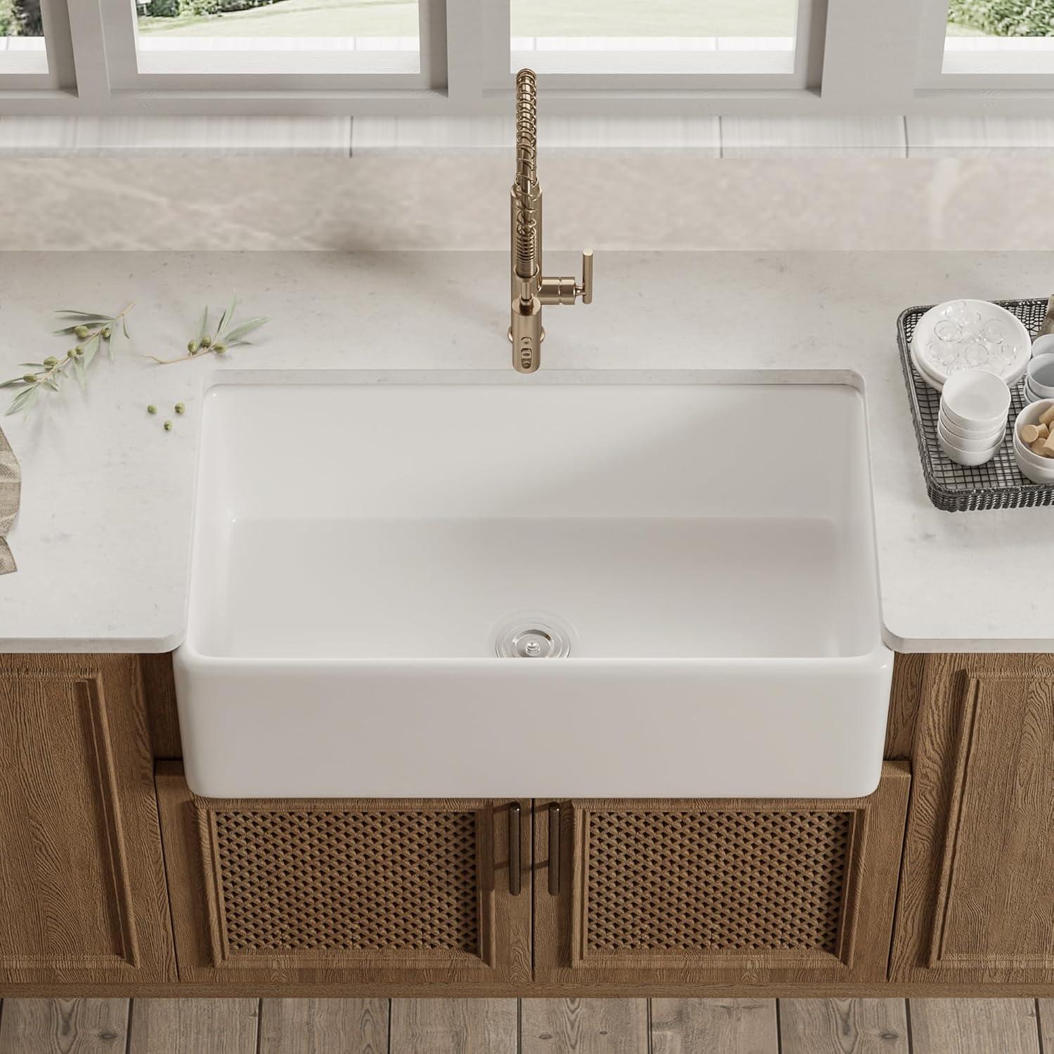 Grove 30" L X 18" W Rectangular White Single Basin Fireclay Farmhouse / Apron Kitchen Sink with Grid and Strainer