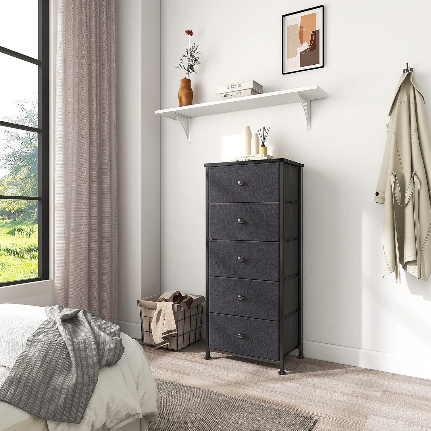 Black Vertical 5-Drawer Fabric and Steel Dresser