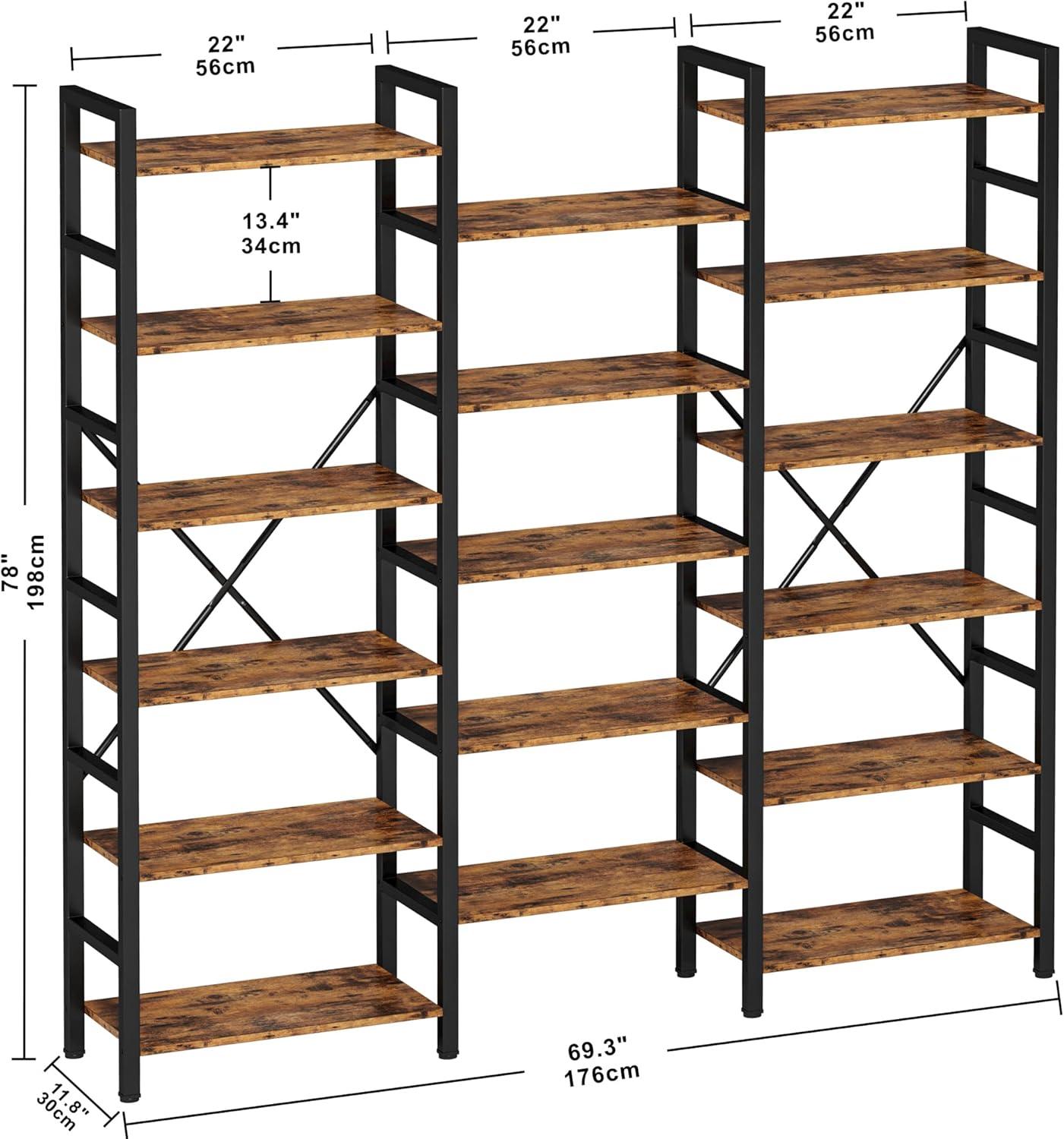 IRONCK Industrial Bookshelves Triple Wide 6 Tiers with Metal Frame for Home Office Vintage Brown