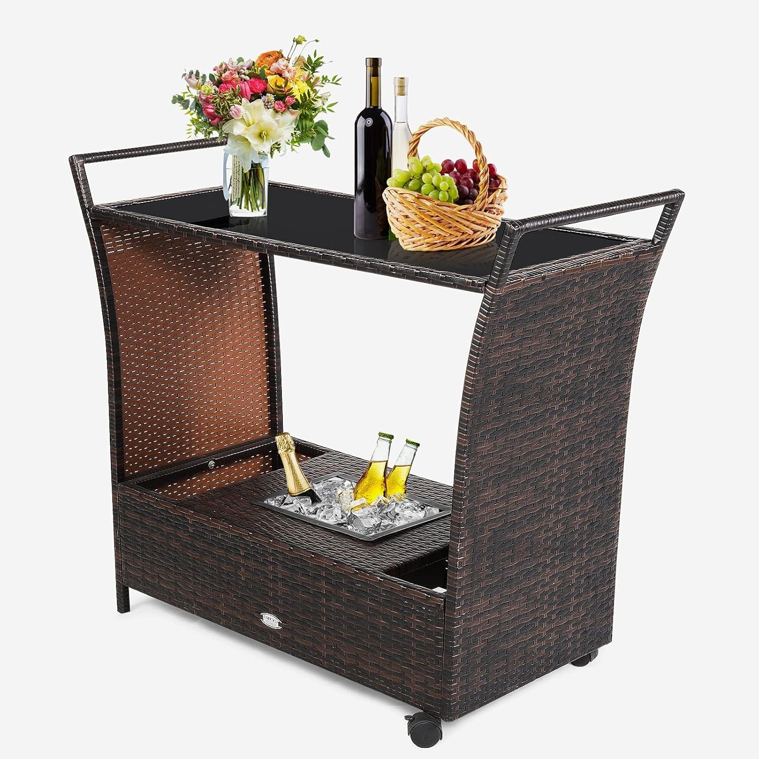 RELAX4LIFE Outdoor Wicker Bar Cart with Removable Ice bucket, Patio Serving Counter Table with Glass Top & Wheels, Storage Compartments Rattan Rolling Trolley for Pool, Backyard,Porch Wine Cart, Brown