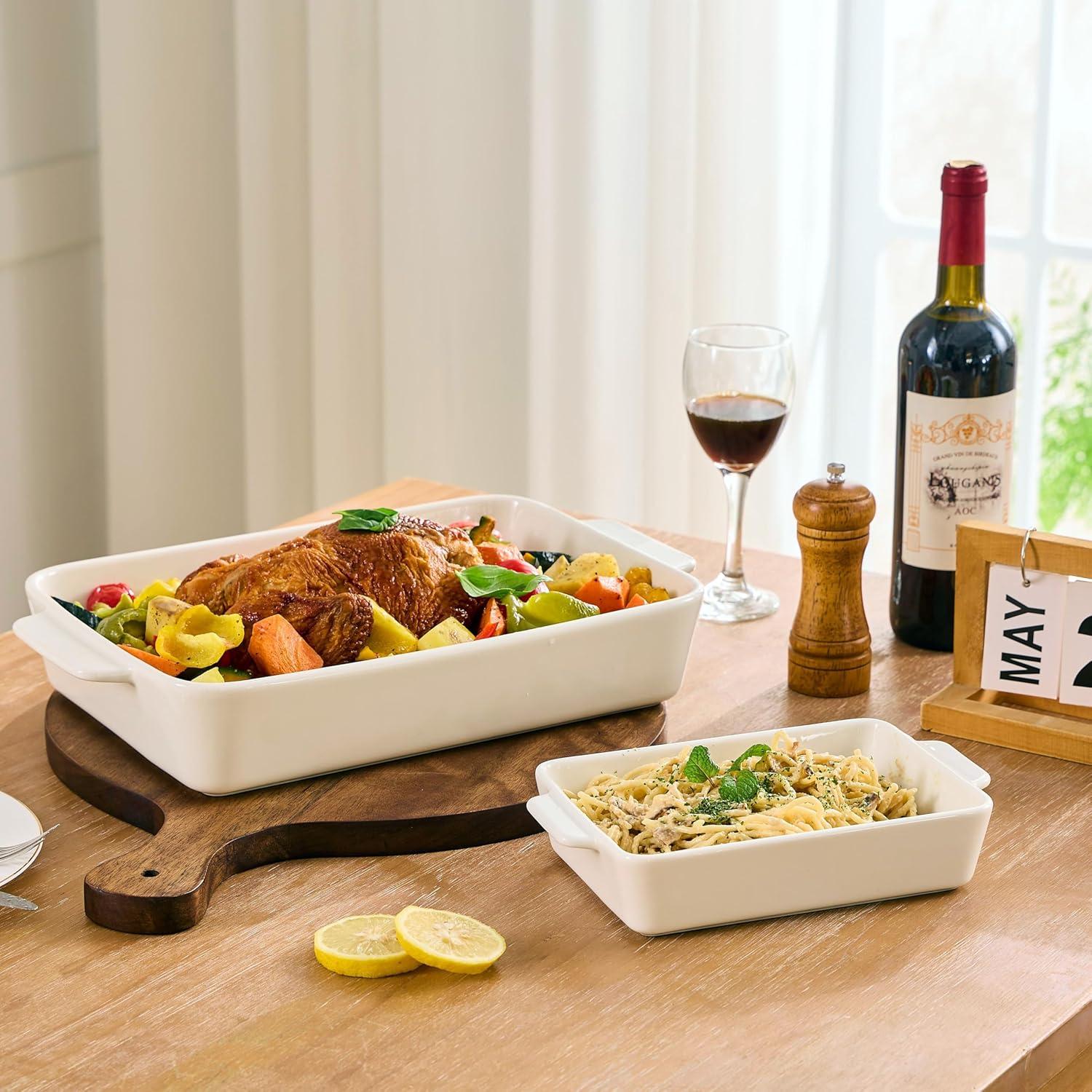 Baking Dish for Oven Casserole Dishes Bakeware Set With Ramekin Ceramic Lasagna Pan 9×12.8 Inch Large Deep Baking Dishes Rectangular Non-Stick Baking Pans for Kitchen Baking and Roasting White
