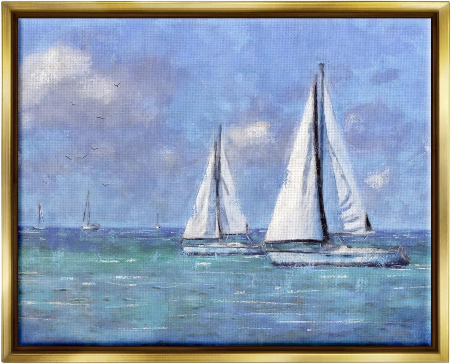 Stupell Industries Sailboats Drifting Vivid Blue Sky Painting Metallic Gold Floating Framed Canvas Print Wall Art, Design by Nina Blue