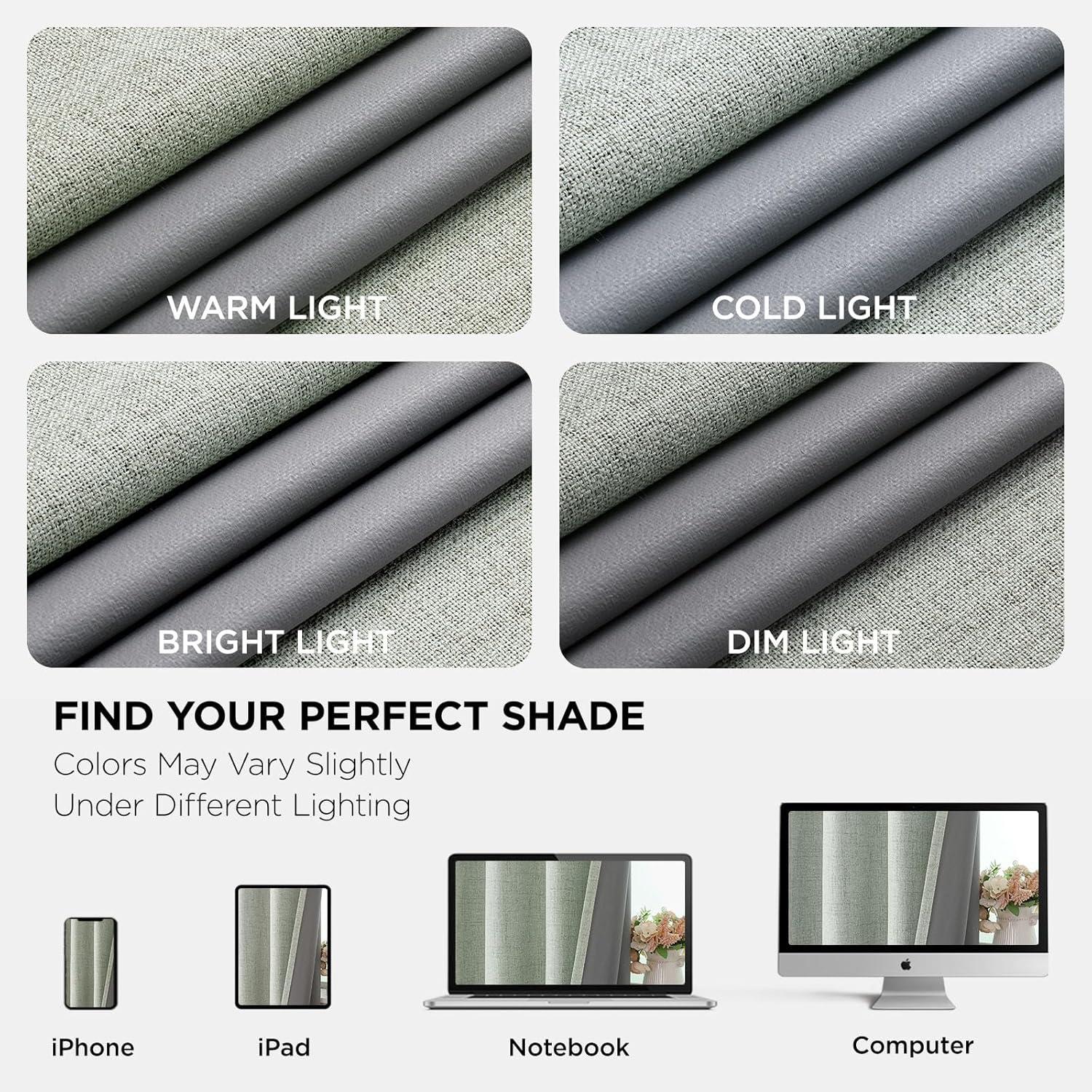 COSVIYA 100% Blackout Sage Green Linen Curtains & Drapes 84 Inch Length 2 Panels Set, Full Room Darkening Grommet Insulated Thermal Window Panels for Bedroom/Living Room,52x84 inches