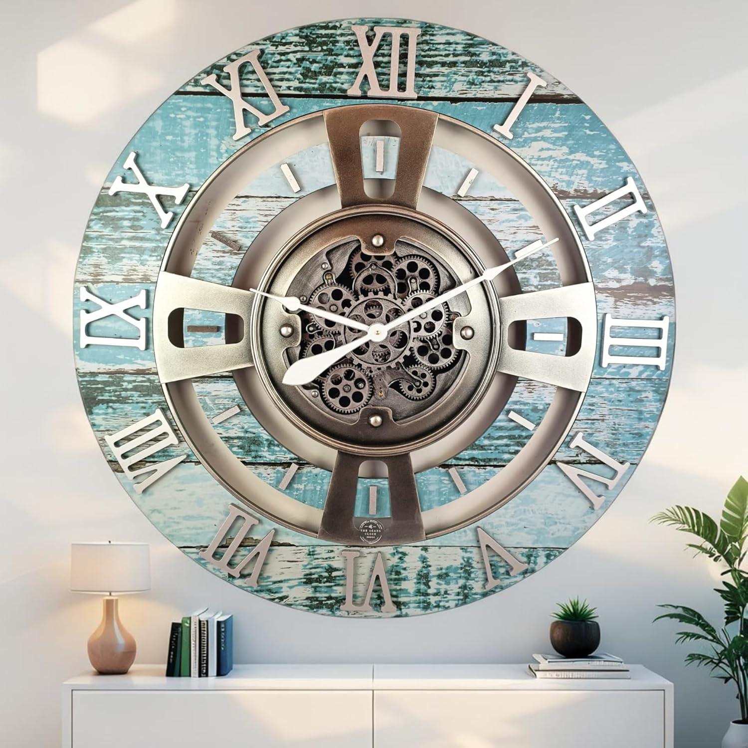 THE GEARS CLOCK Wall Clock with Real Moving Gears EN-LI_ 36 in Round Vintage-Black