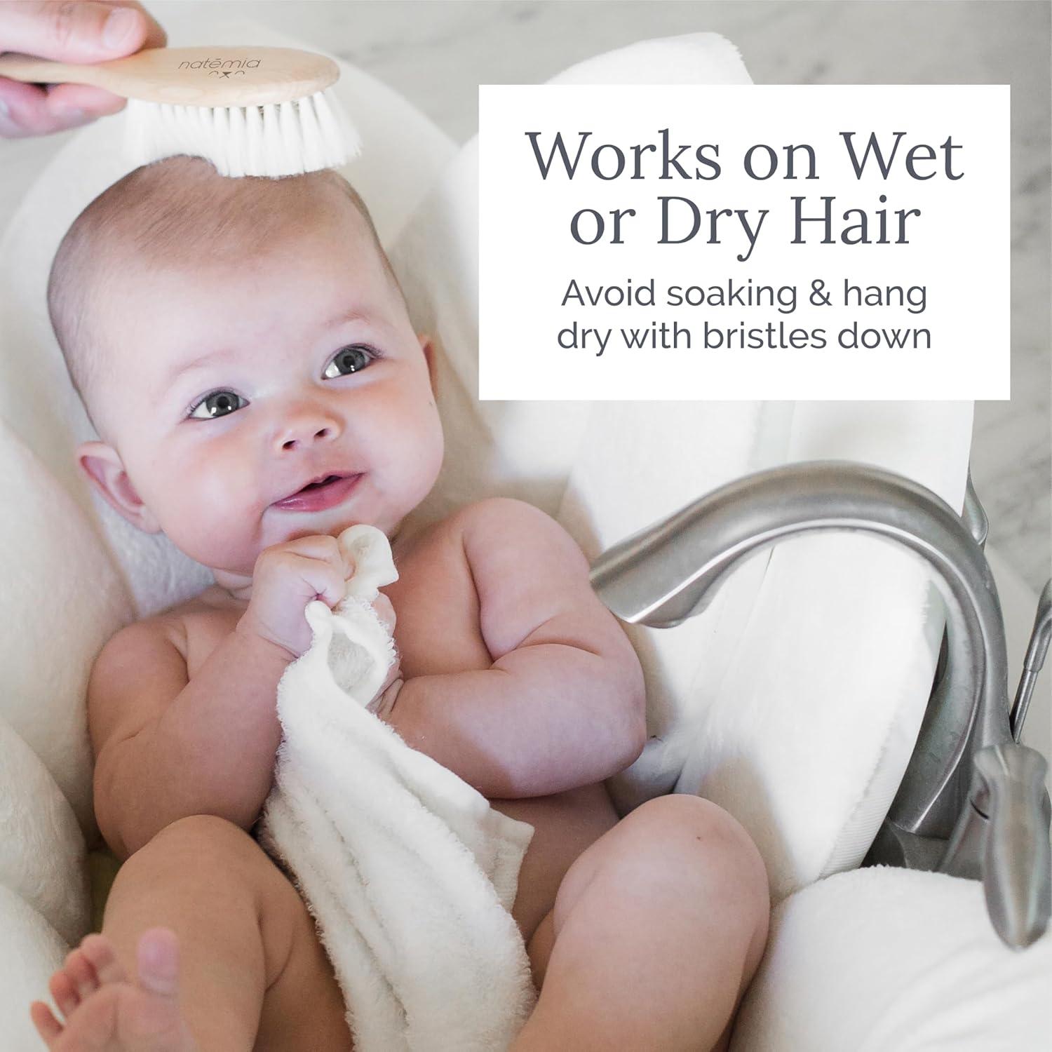 Natemia Baby Hair Brush with Soft Goat Hair Bristles - Gentle Wooden Toddler & Baby Comb - Cradle Cap Brush -Gift for Infants, Girls, Boys - Newborn Bath Essential