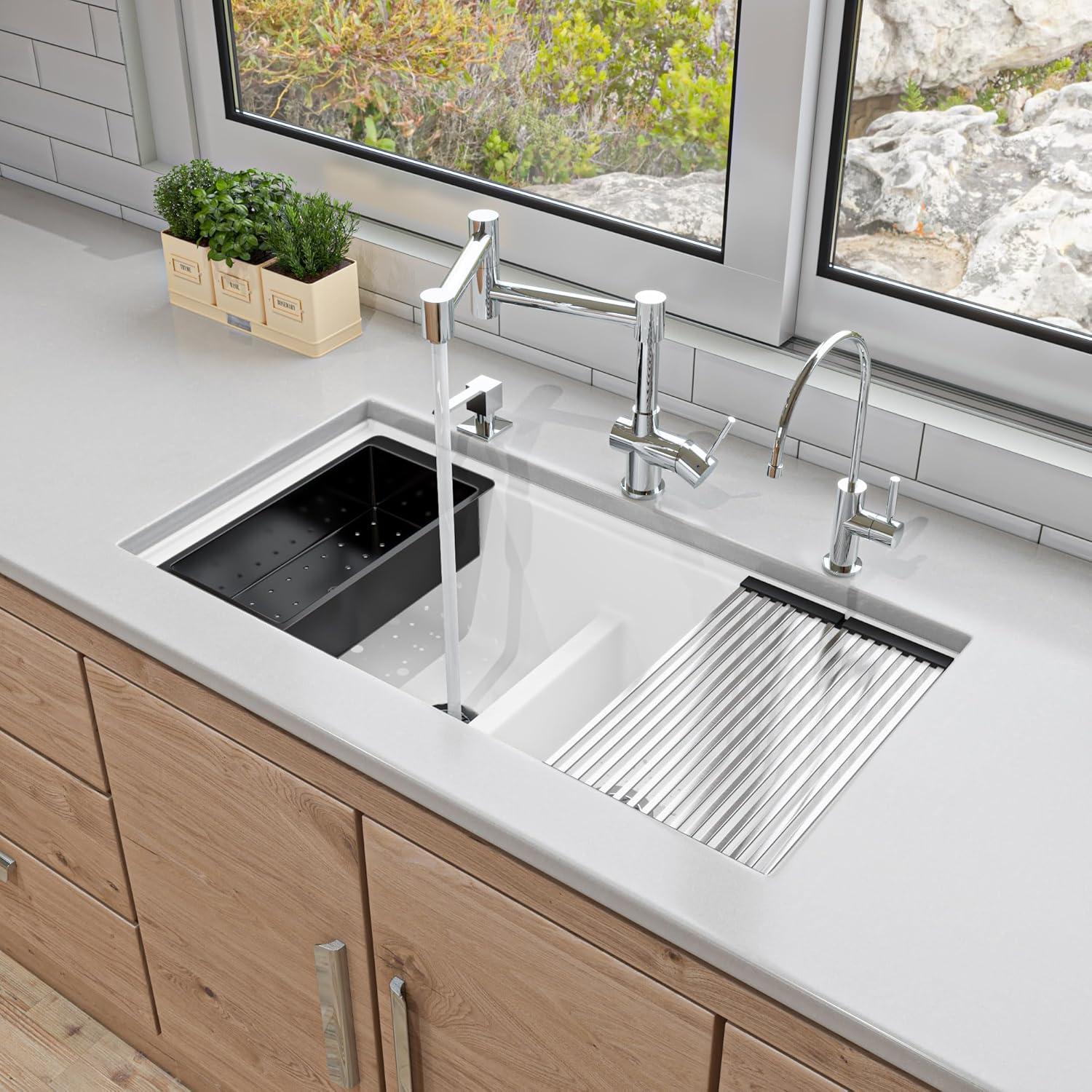 White Granite Composite Double Bowl Undermount Kitchen Sink