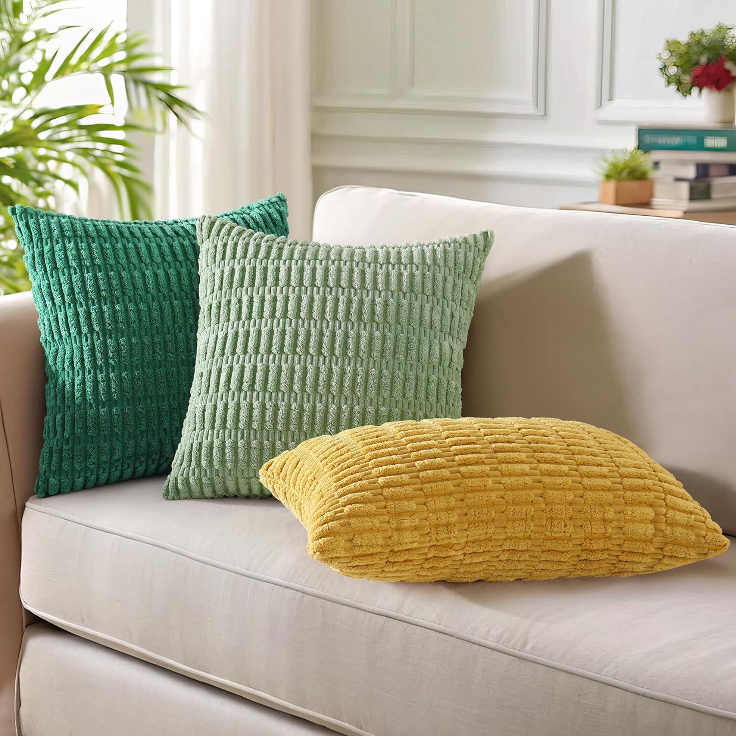 Boho Sage Green Striped Corduroy Pillow Covers - Set of 2 | Farmhouse Rectangle Cushion Cases for Sofa Couch Bed | Soft Decorative Throw Pillowcases - 12x20 Inch Home Decor