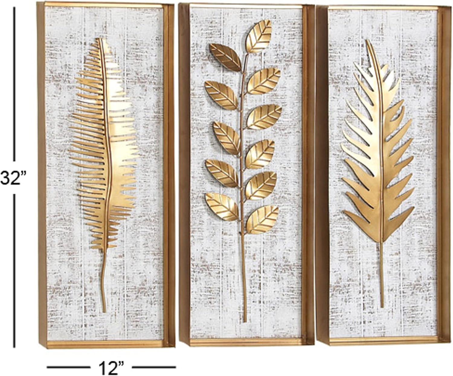 DecMode Gold Metal Framed 3D Leaf Wall Decor with Distressed Wood Backing (3 Count)