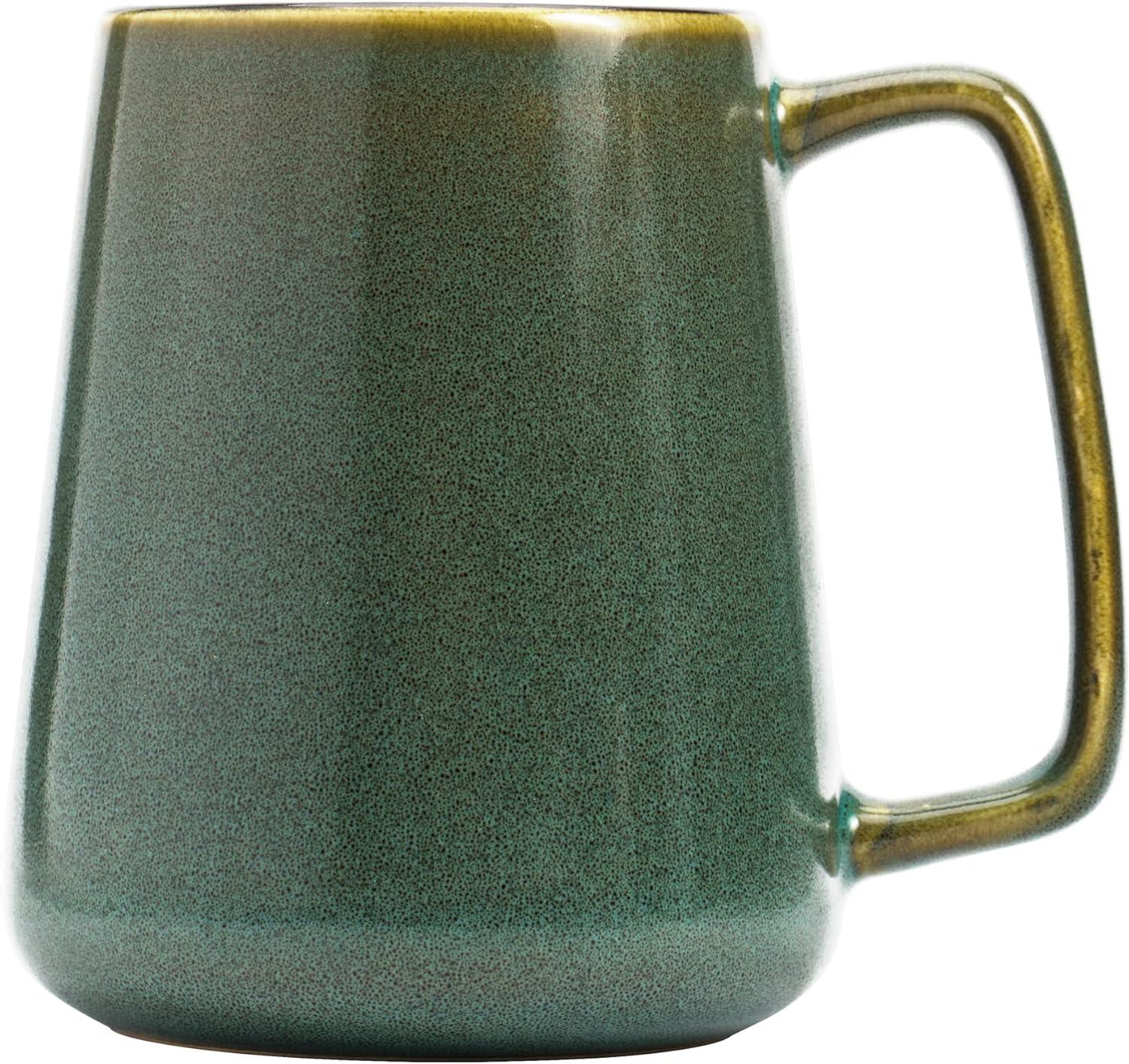 Extra Large Ceramic Coffee Mug with A Big Handle,Jumbo Tea and Coffee Cup for Office and Home,With Spoon and Wooden Lid,Dishwasher and Microwave Safe(Green)