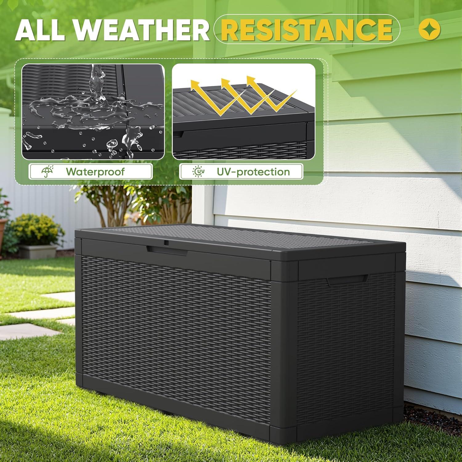 GEMBIK 100 Gallon Resin Deck Box, Large Outdoor Storage Bench with Cushions, Black